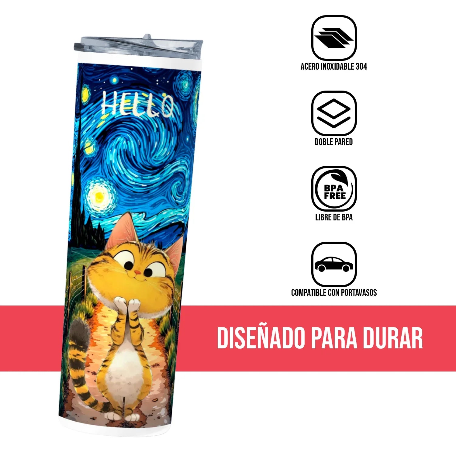 Termo Skinny Tumbler 20 oz de acero inoxidable - Hello Cat