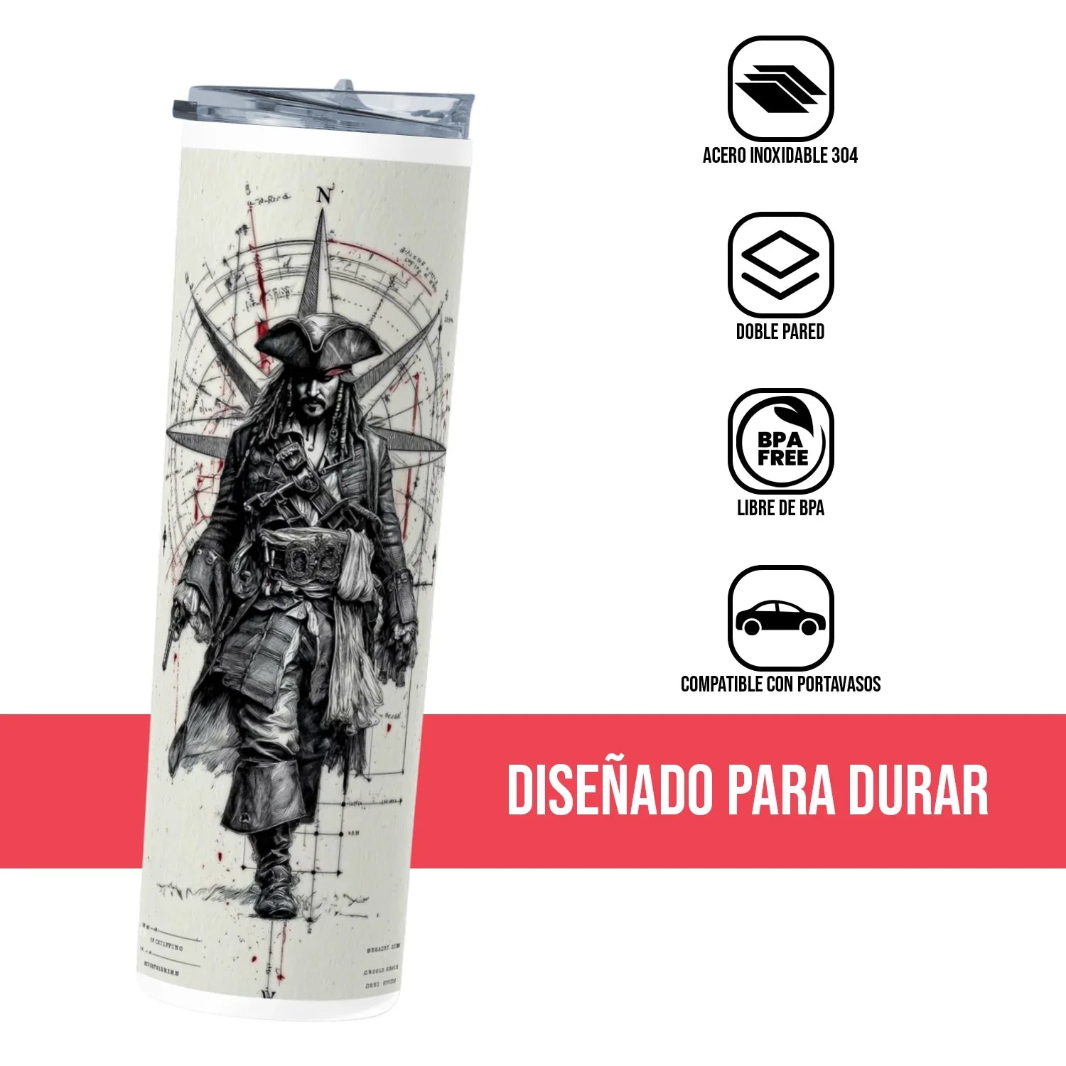 Termo Skinny Tumbler 20 oz de acero inoxidable - Jack Sparrow Sketch