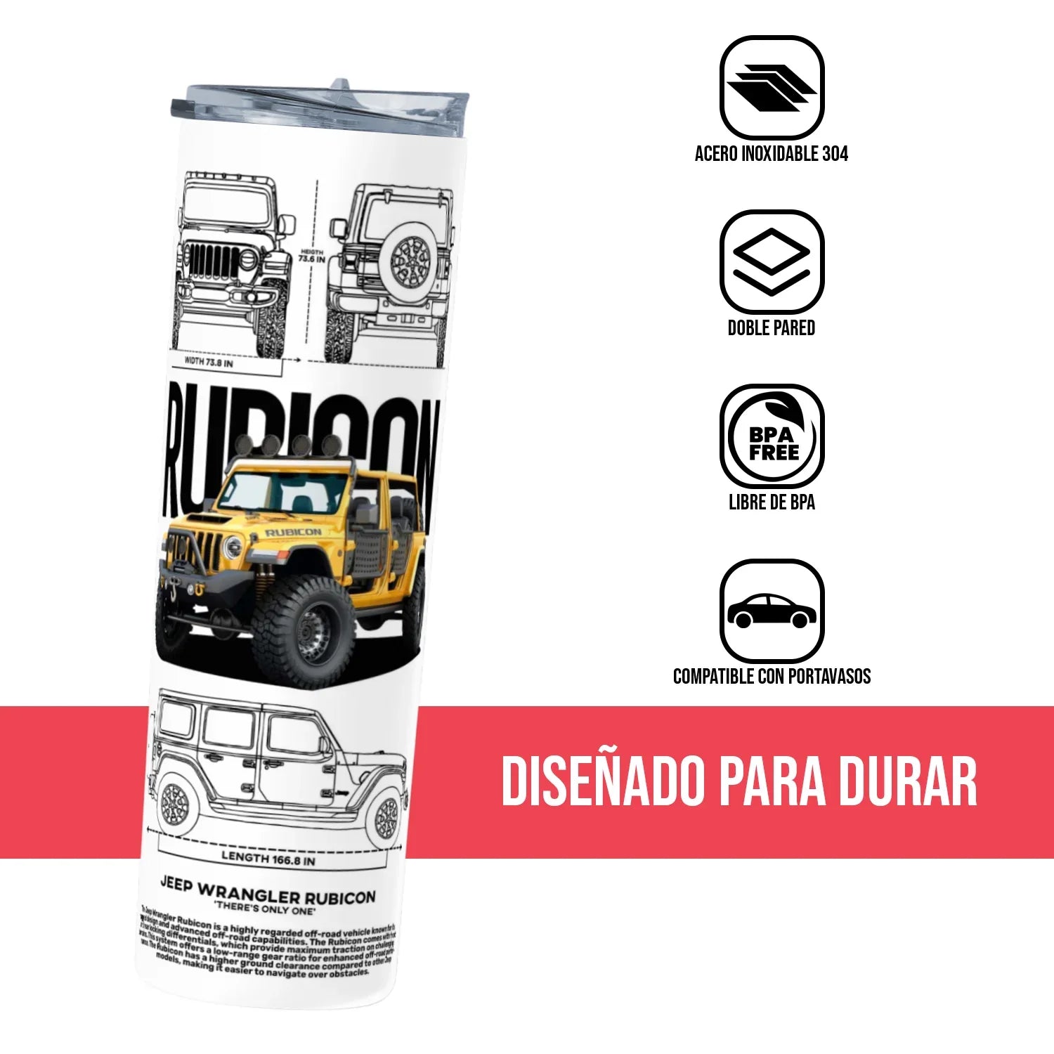 Termo Skinny Tumbler 20 oz de acero inoxidable - Jeep Wrangler Rubicon