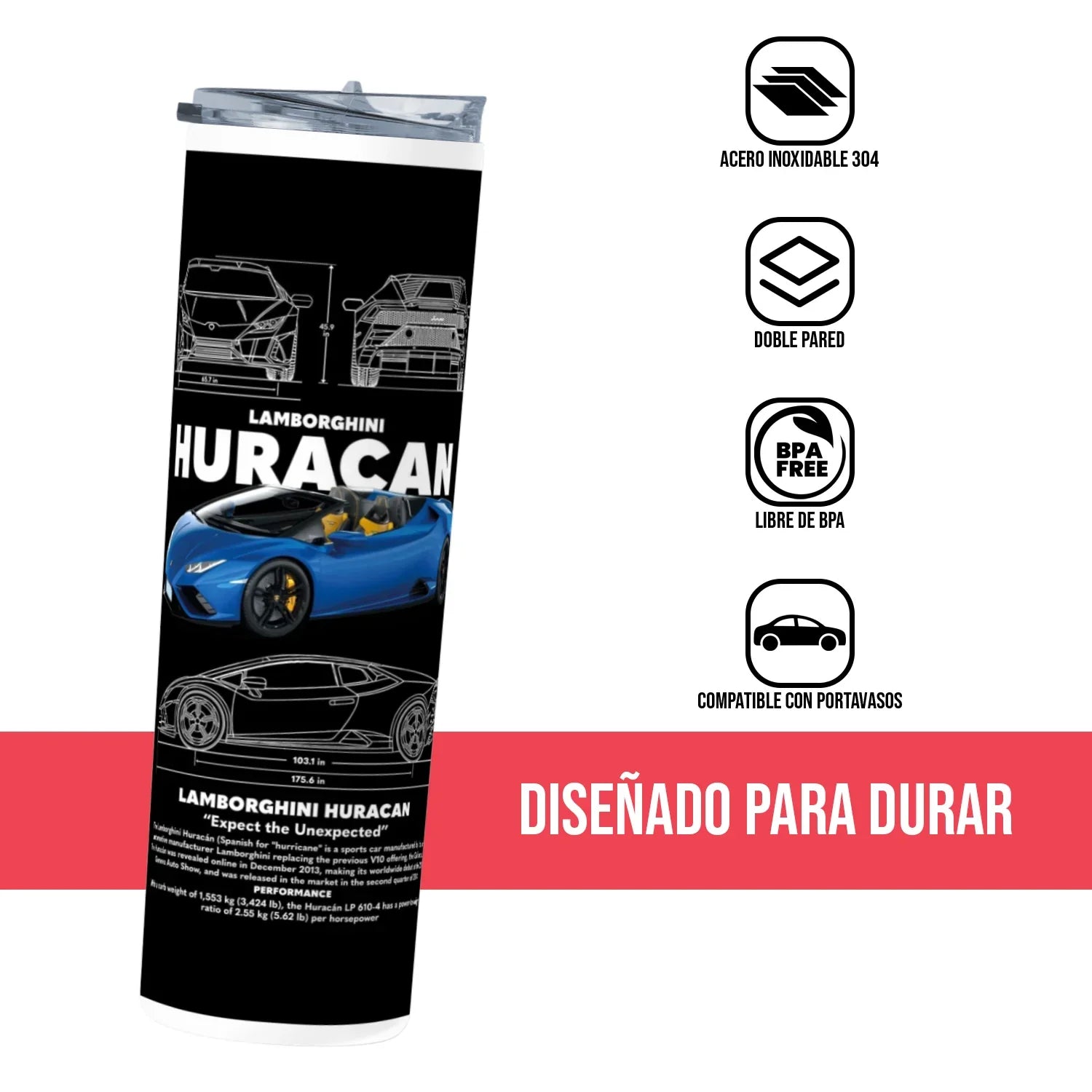 Termo Skinny Tumbler 20 oz de acero inoxidable - Laborghini Huracan