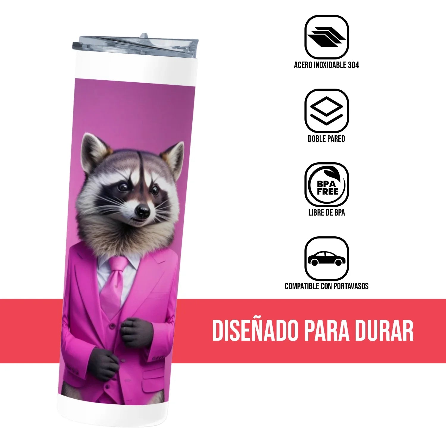 Termo Skinny Tumbler 20 oz de acero inoxidable - Mapache zaco morado
