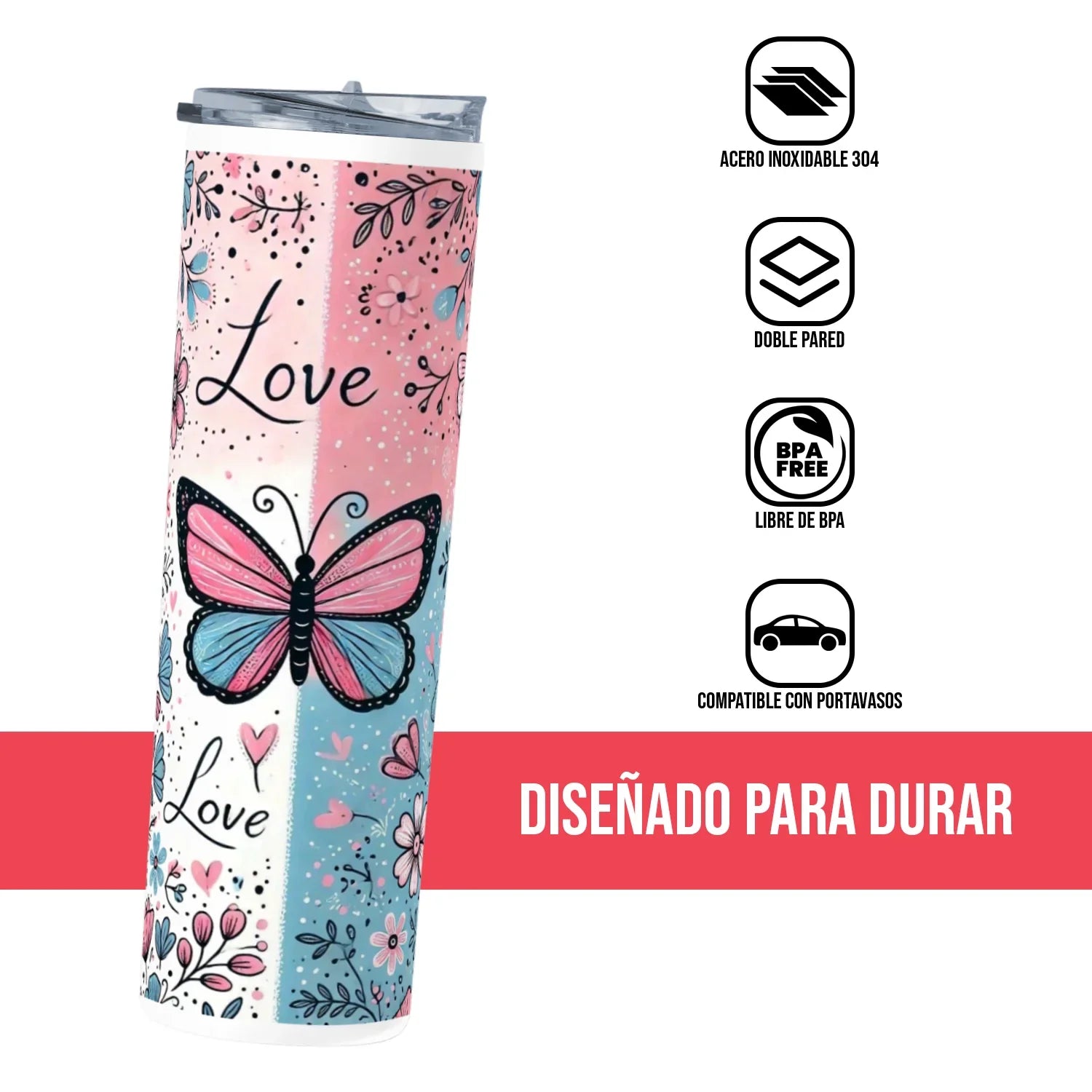 Termo Skinny Tumbler 20 oz de acero inoxidable - Mariposa love