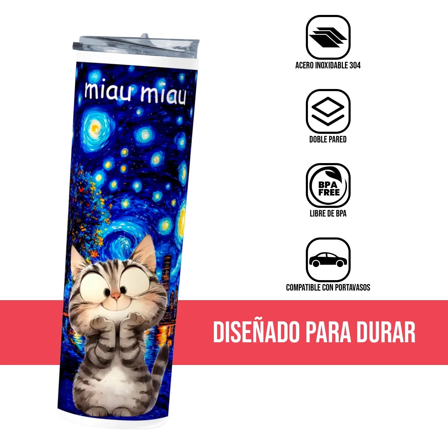 Termo Skinny Tumbler 20 oz de acero inoxidable - Miau Miau