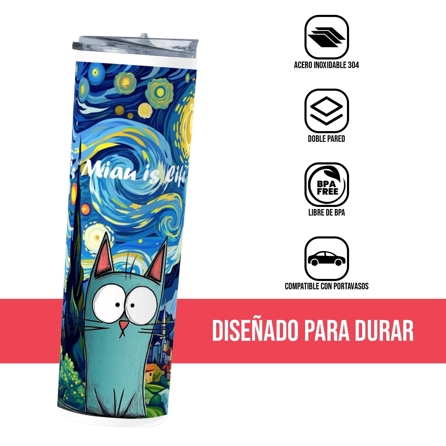 Termo Skinny Tumbler 20 oz de acero inoxidable - Miau is life