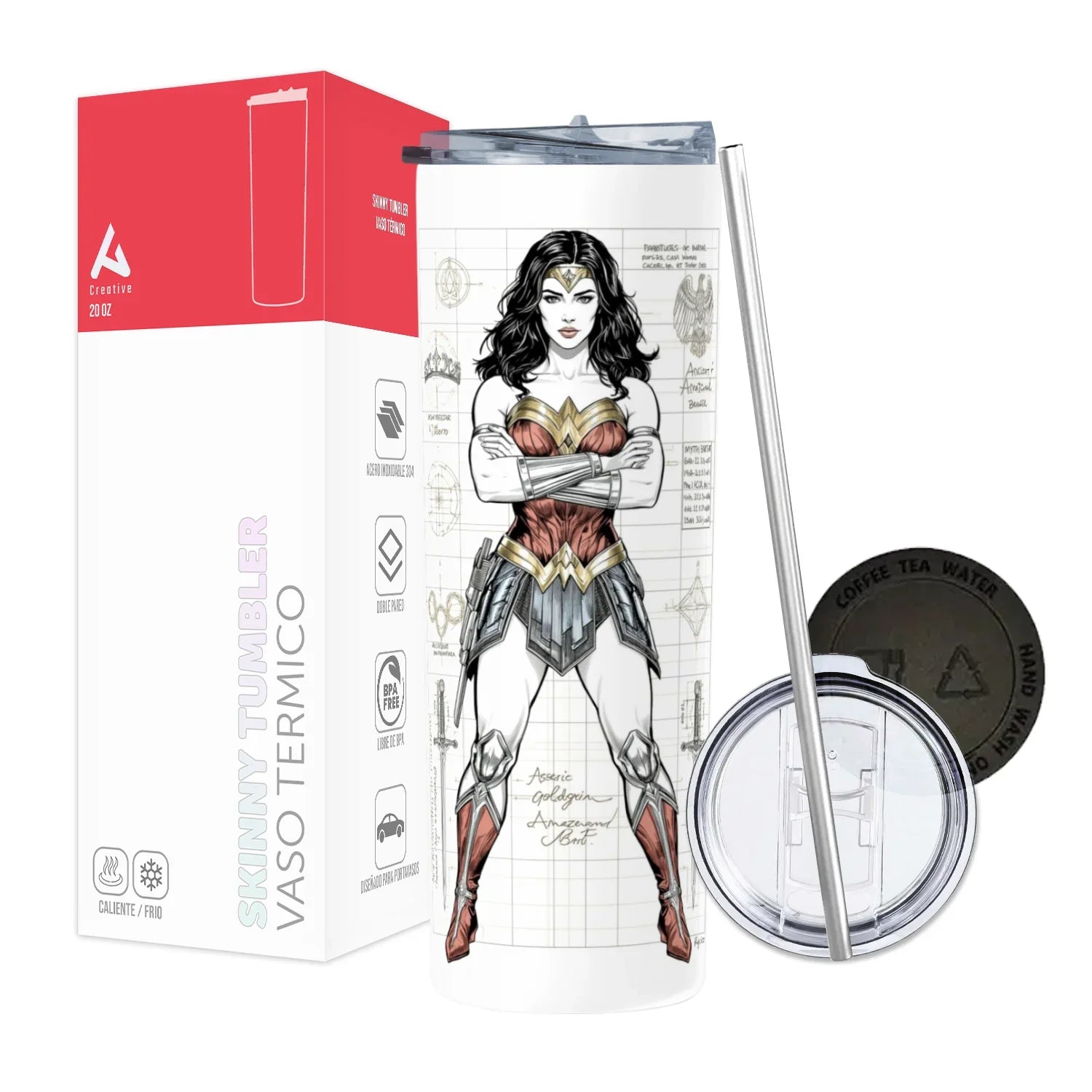 Termo Skinny Tumbler 20 oz de acero inoxidable - Mujer Maravilla Sketch