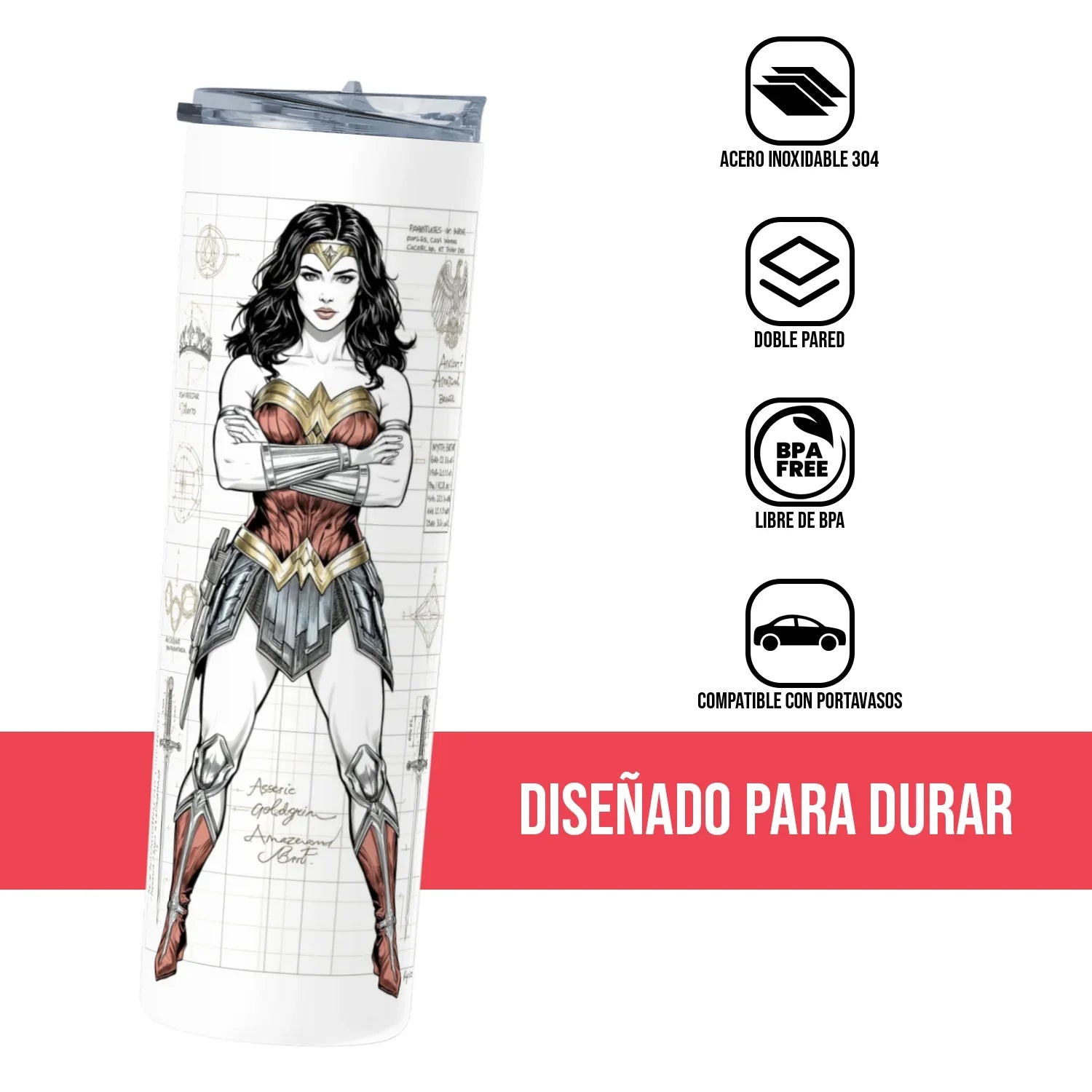 Termo Skinny Tumbler 20 oz de acero inoxidable - Mujer Maravilla Sketch