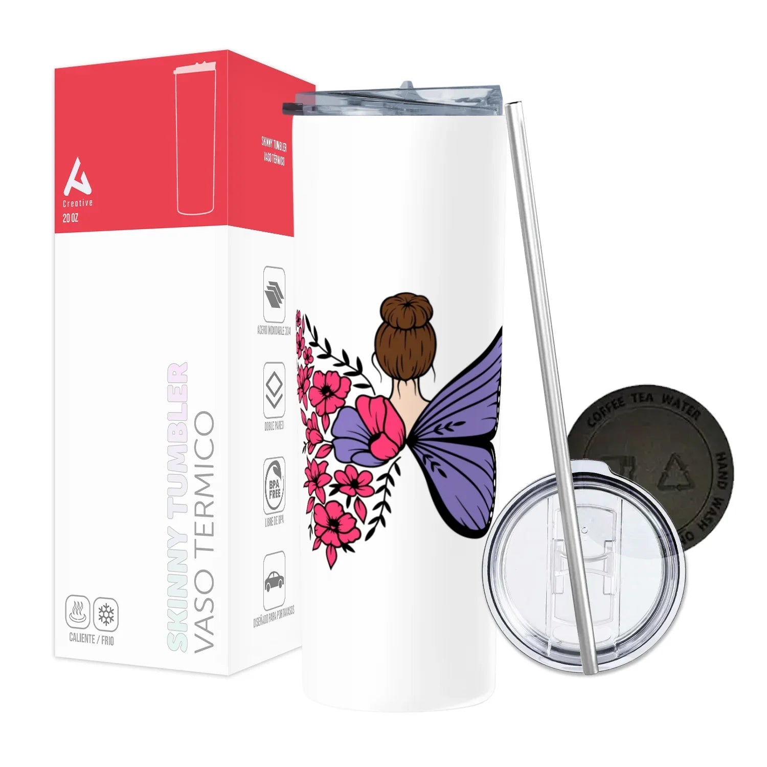 Termo Skinny Tumbler 20 oz de acero inoxidable - Mujer Mariposa