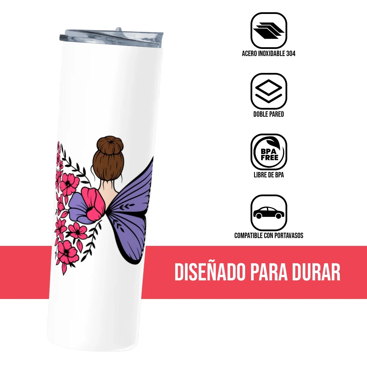 Termo Skinny Tumbler 20 oz de acero inoxidable - Mujer Mariposa