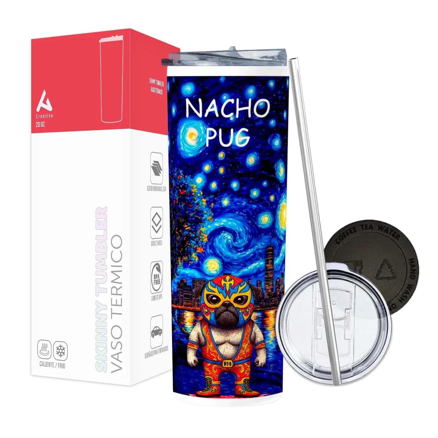 Termo Skinny Tumbler 20 oz de acero inoxidable - NACHO PUG
