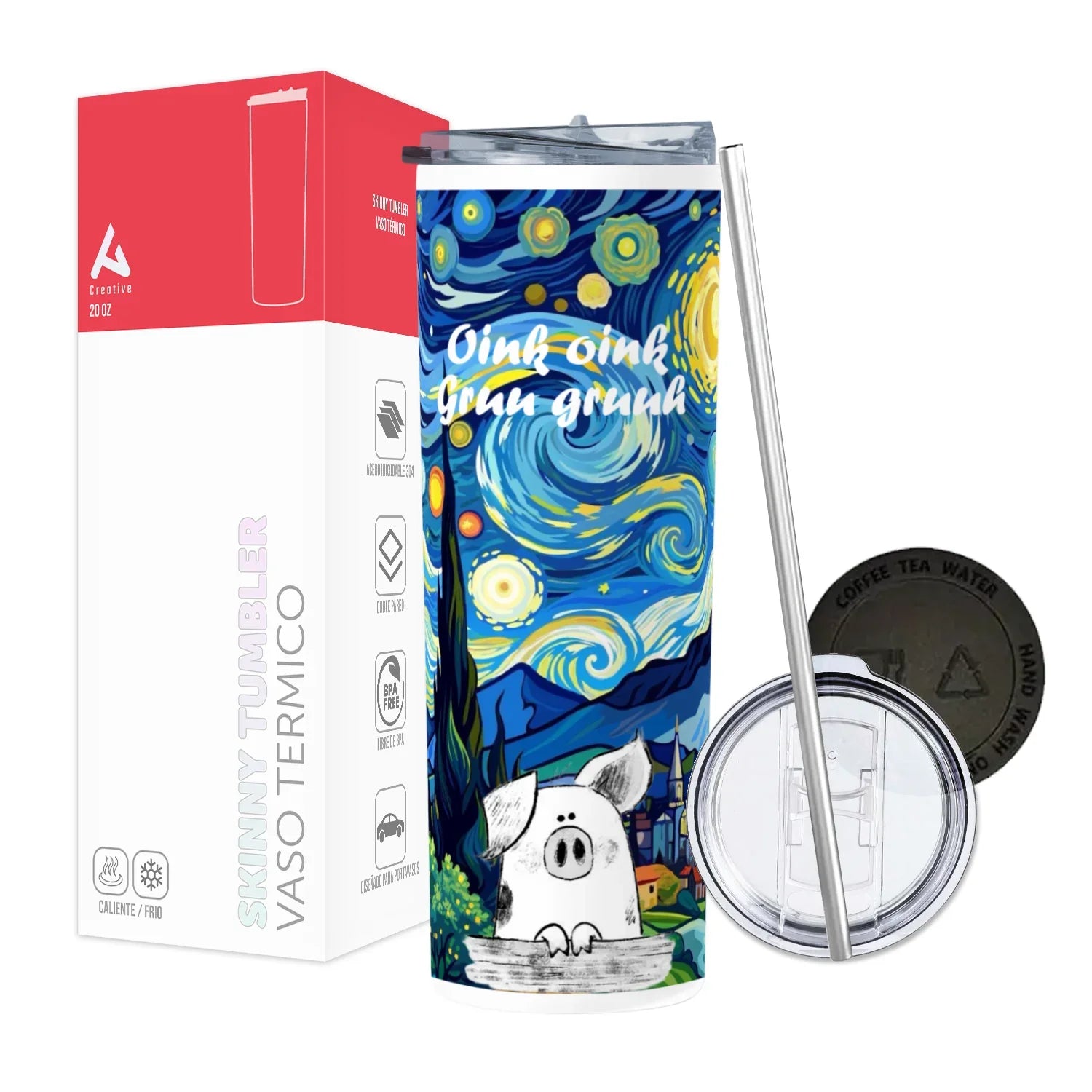 Termo Skinny Tumbler 20 oz de acero inoxidable - Oink Oink gru gru