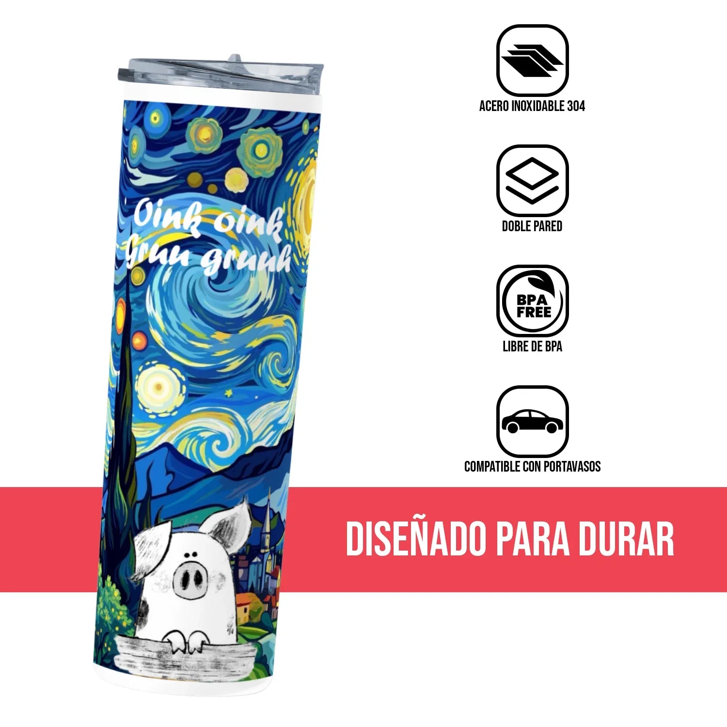Termo Skinny Tumbler 20 oz de acero inoxidable - Oink Oink gru gru