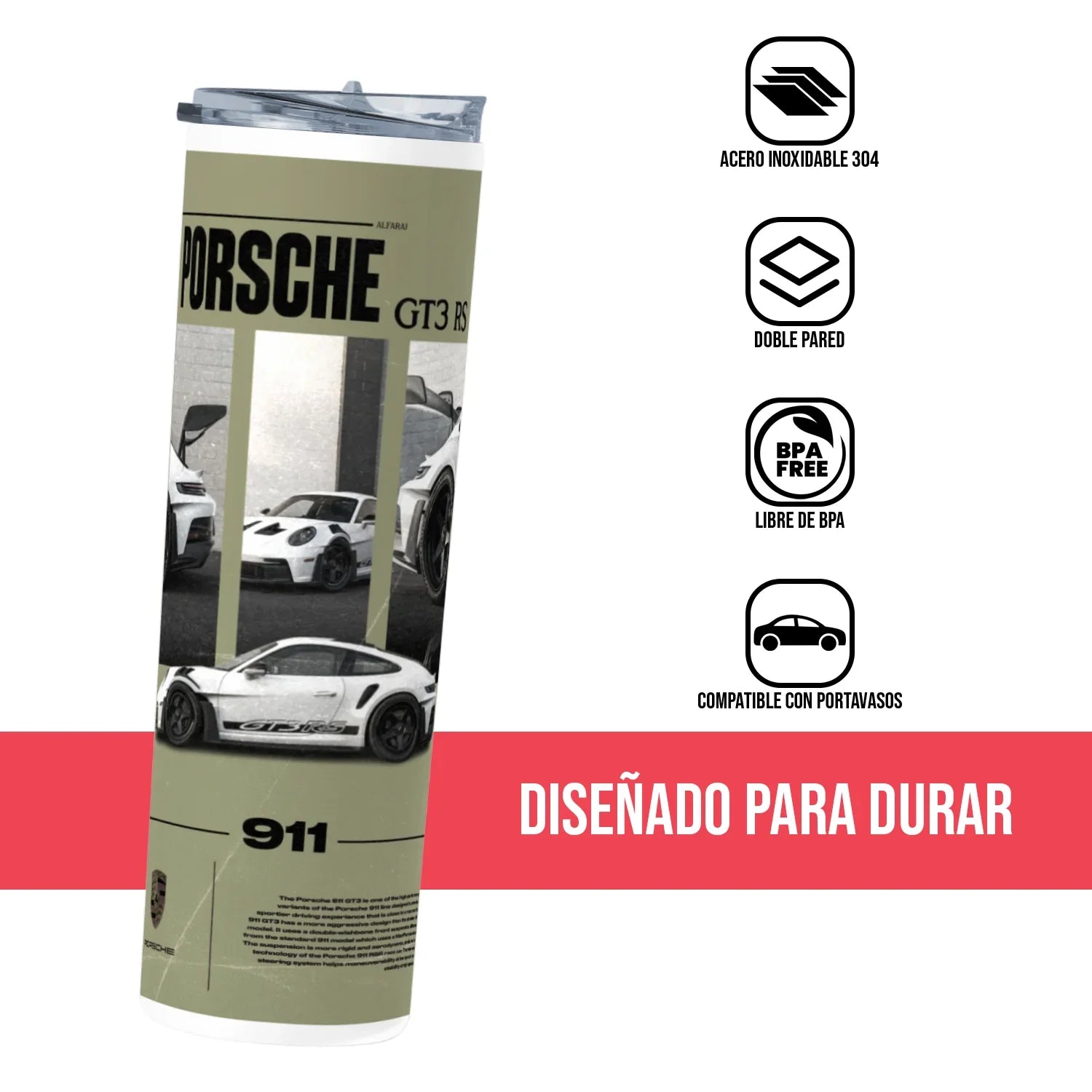 Termo Skinny Tumbler 20 oz de acero inoxidable - PORSCHE BLANCO