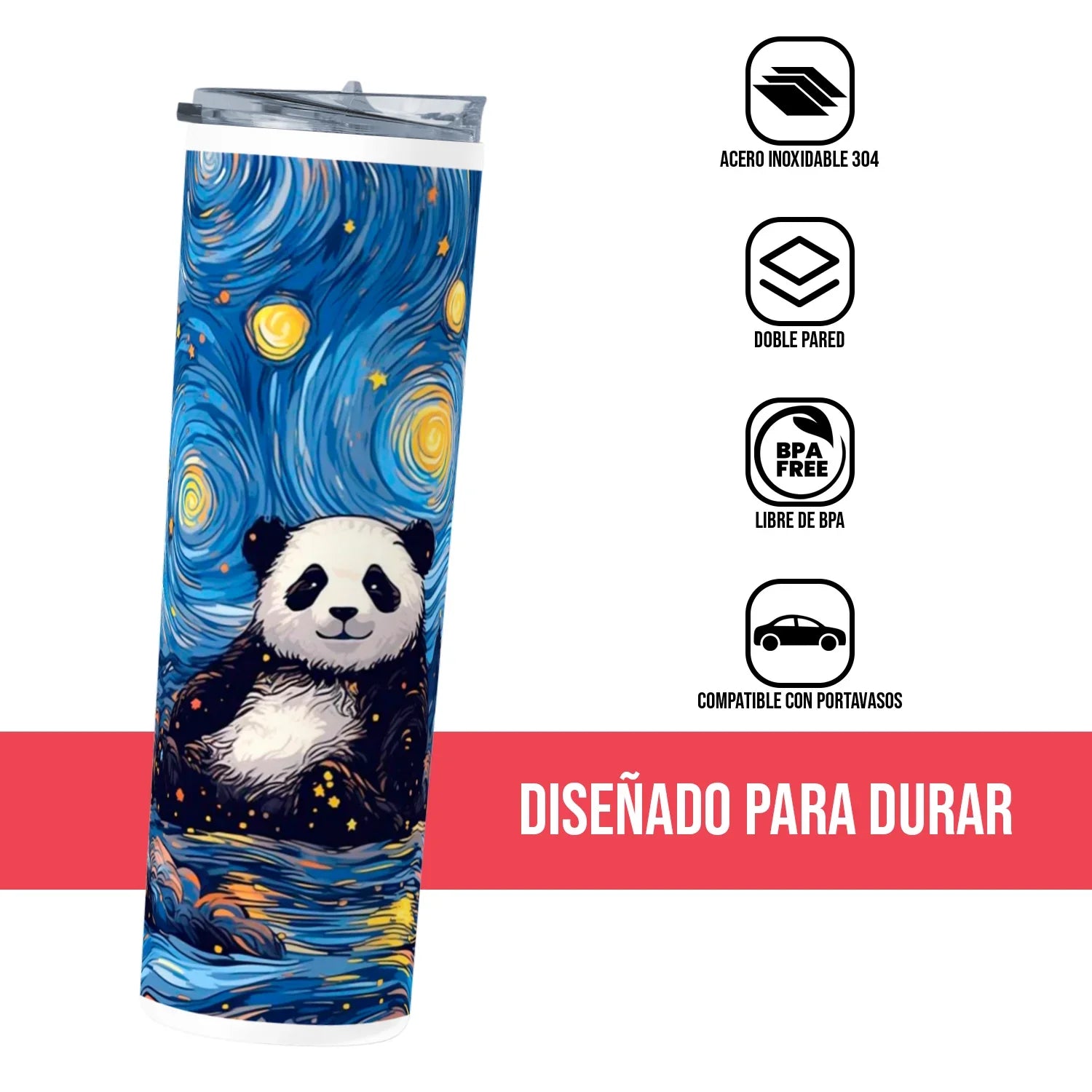 Termo Skinny Tumbler 20 oz de acero inoxidable - Panda Van Gogh