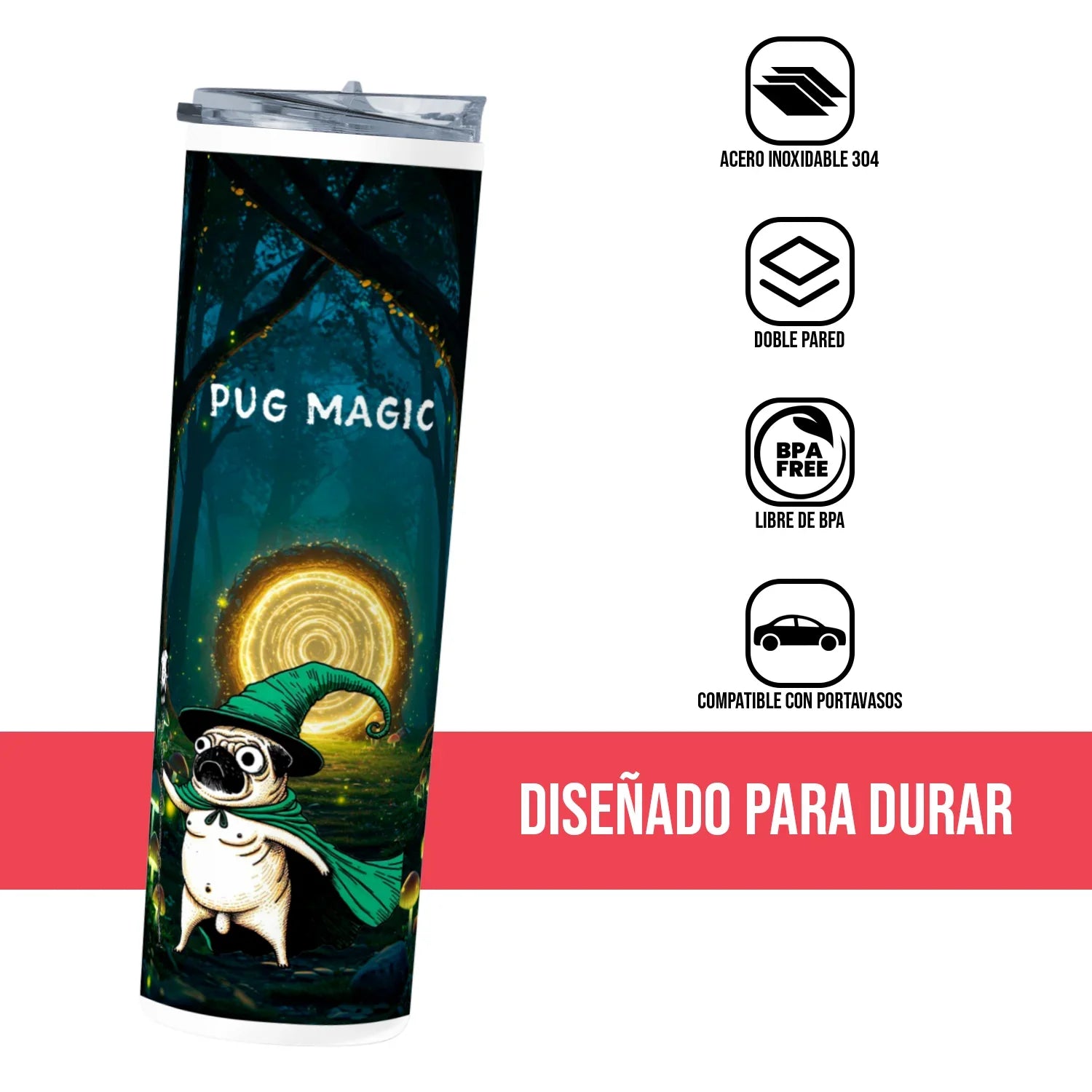 Termo Skinny Tumbler 20 oz de acero inoxidable - Pug Magic