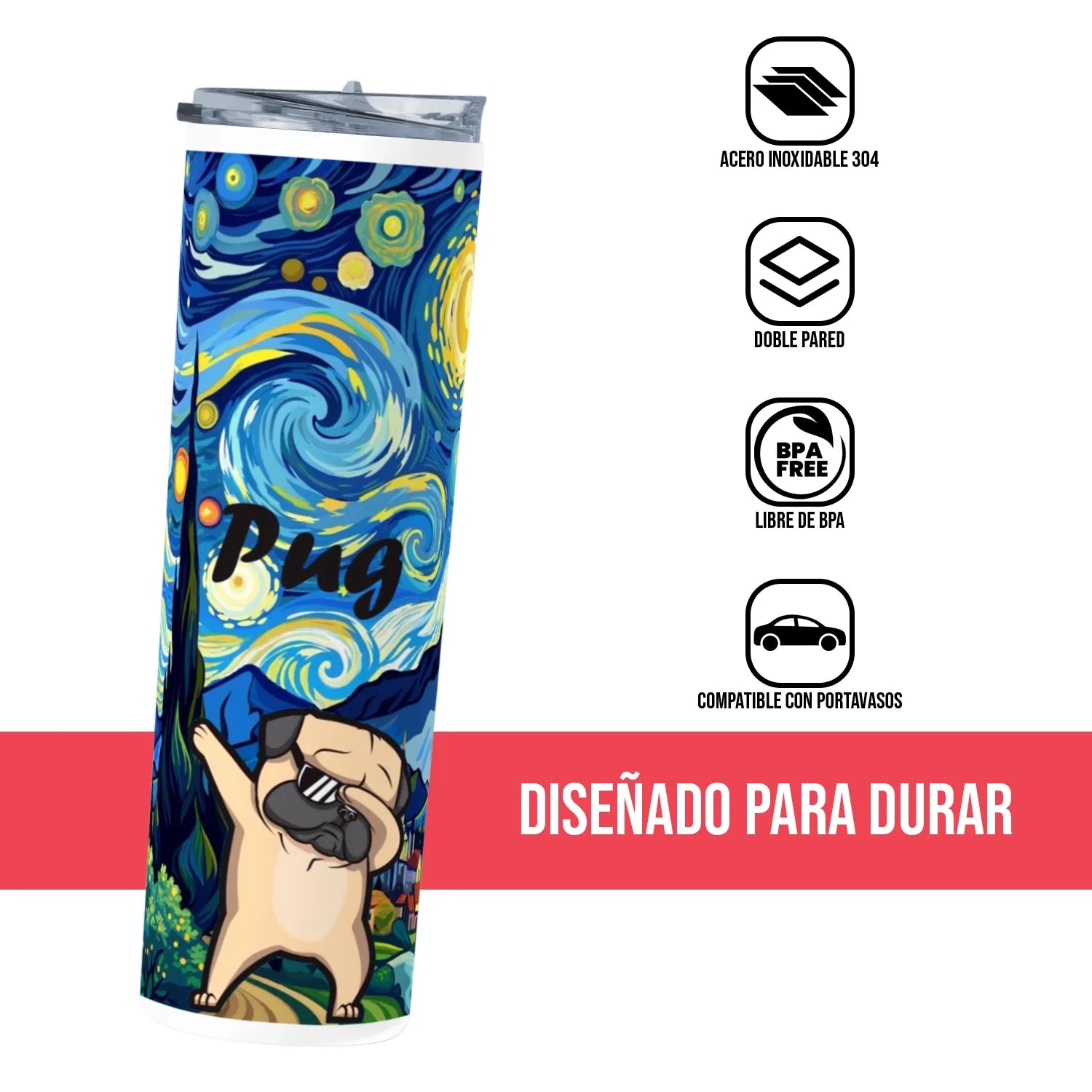 Termo Skinny Tumbler 20 oz de acero inoxidable - Pug van gogh