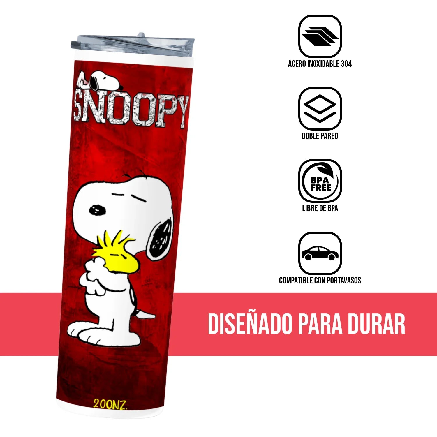 Termo Skinny Tumbler 20 oz de acero inoxidable - Snoopy Fondo Rojo