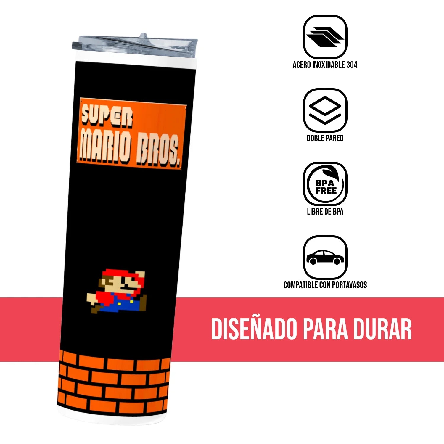 Termo Skinny Tumbler 20 oz de acero inoxidable - Super Mario bros 90