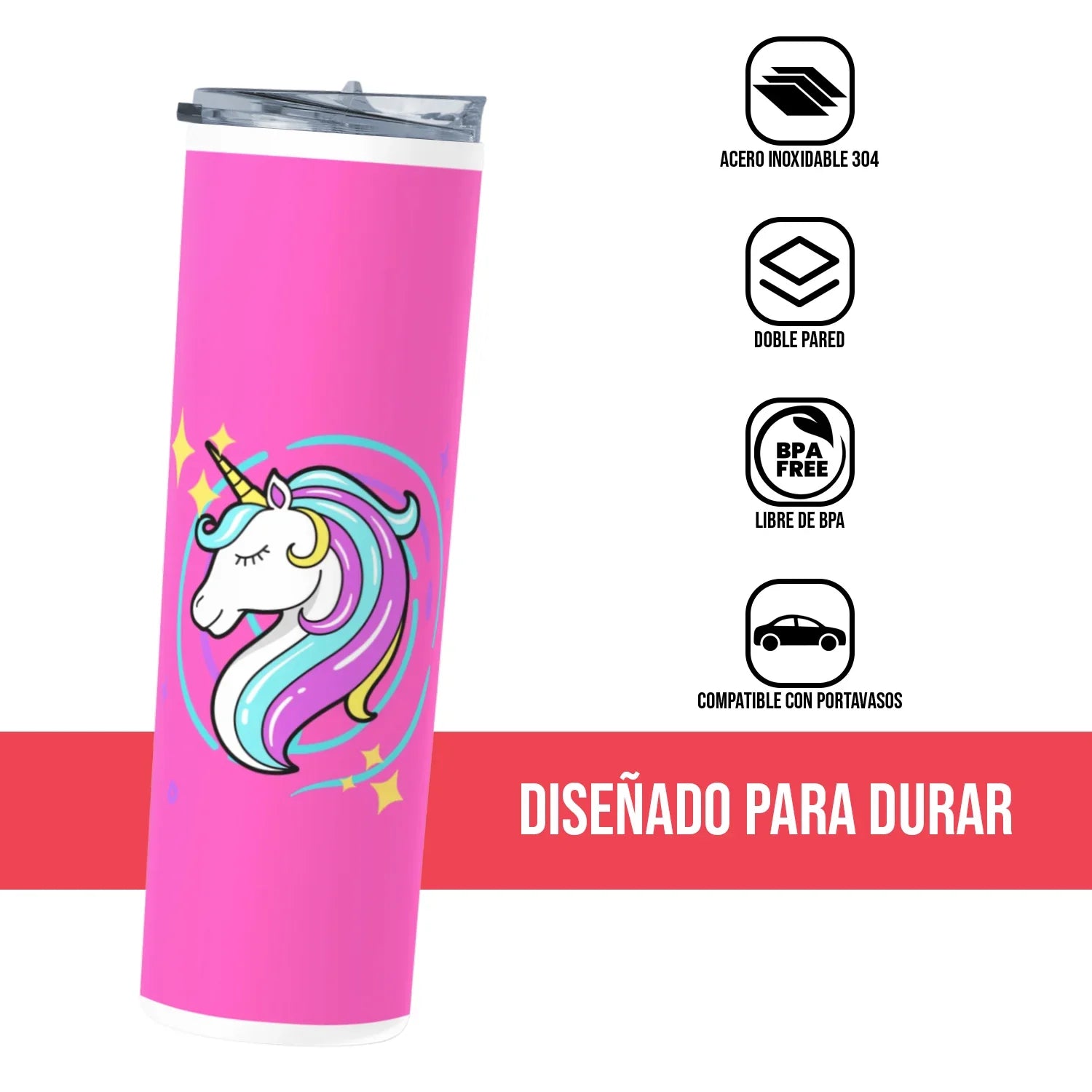 Termo Skinny Tumbler 20 oz de acero inoxidable - Unicornio Rosa