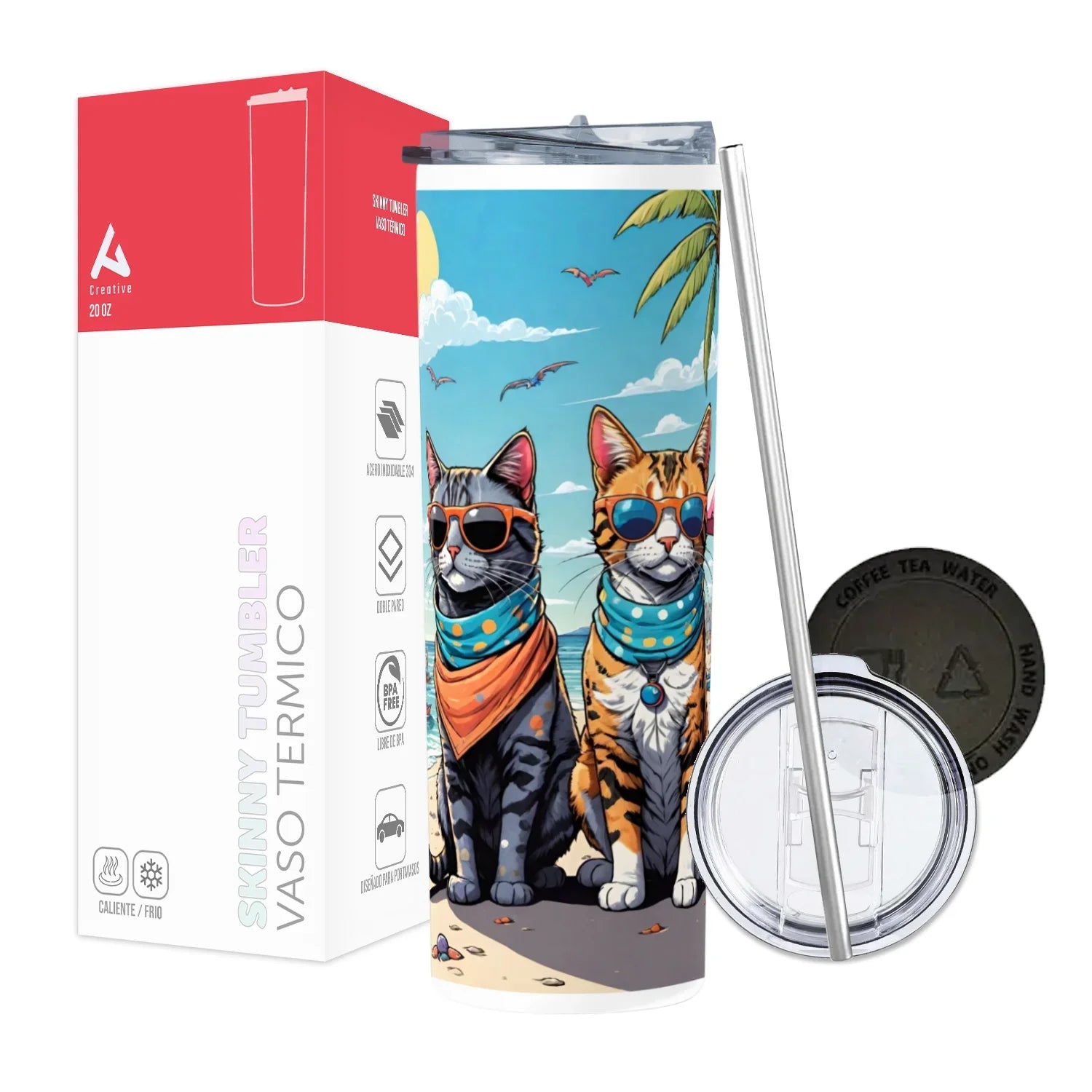 Termo Skinny Tumbler 20 oz de acero inoxidable - Verano cats