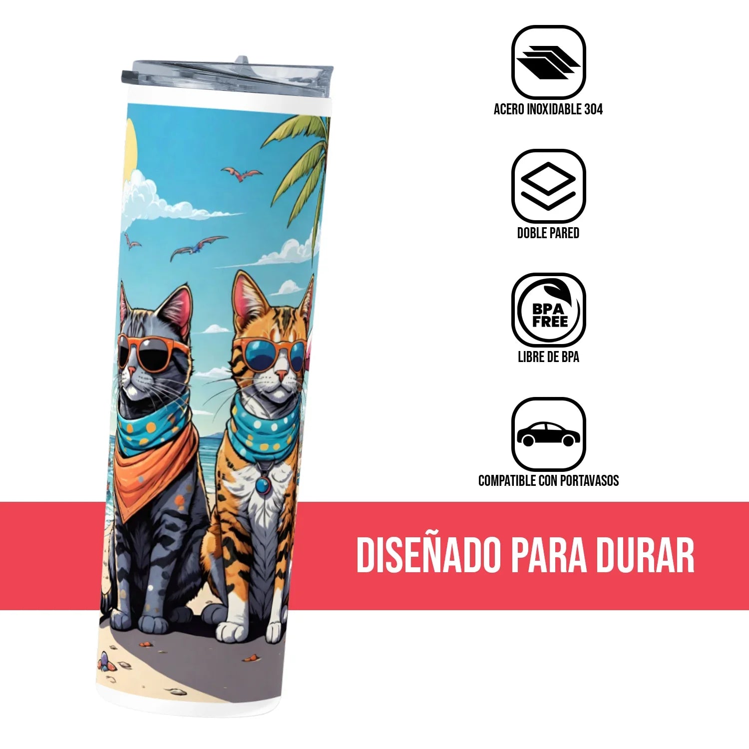 Termo Skinny Tumbler 20 oz de acero inoxidable - Verano cats