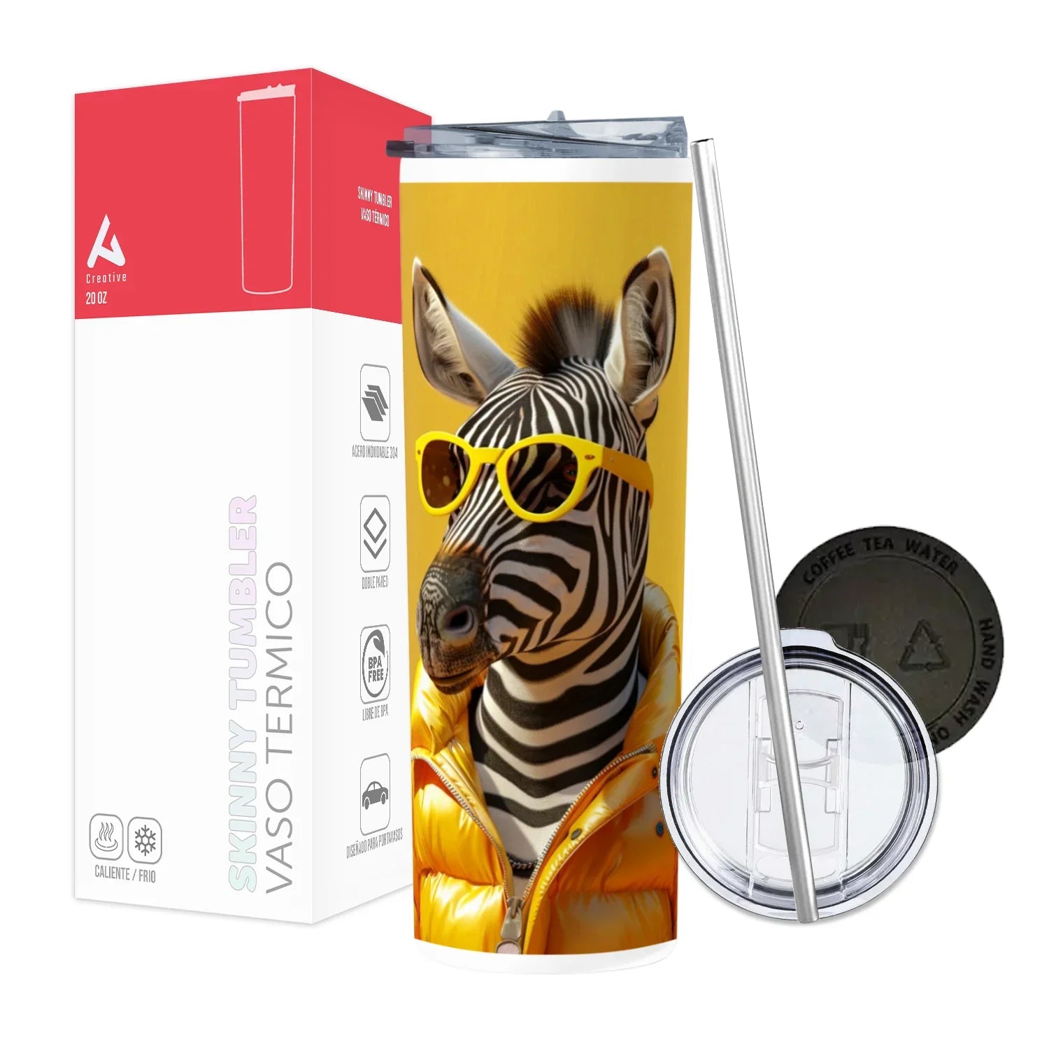 Termo Skinny Tumbler 20 oz de acero inoxidable - Zebra chammarra amarilla