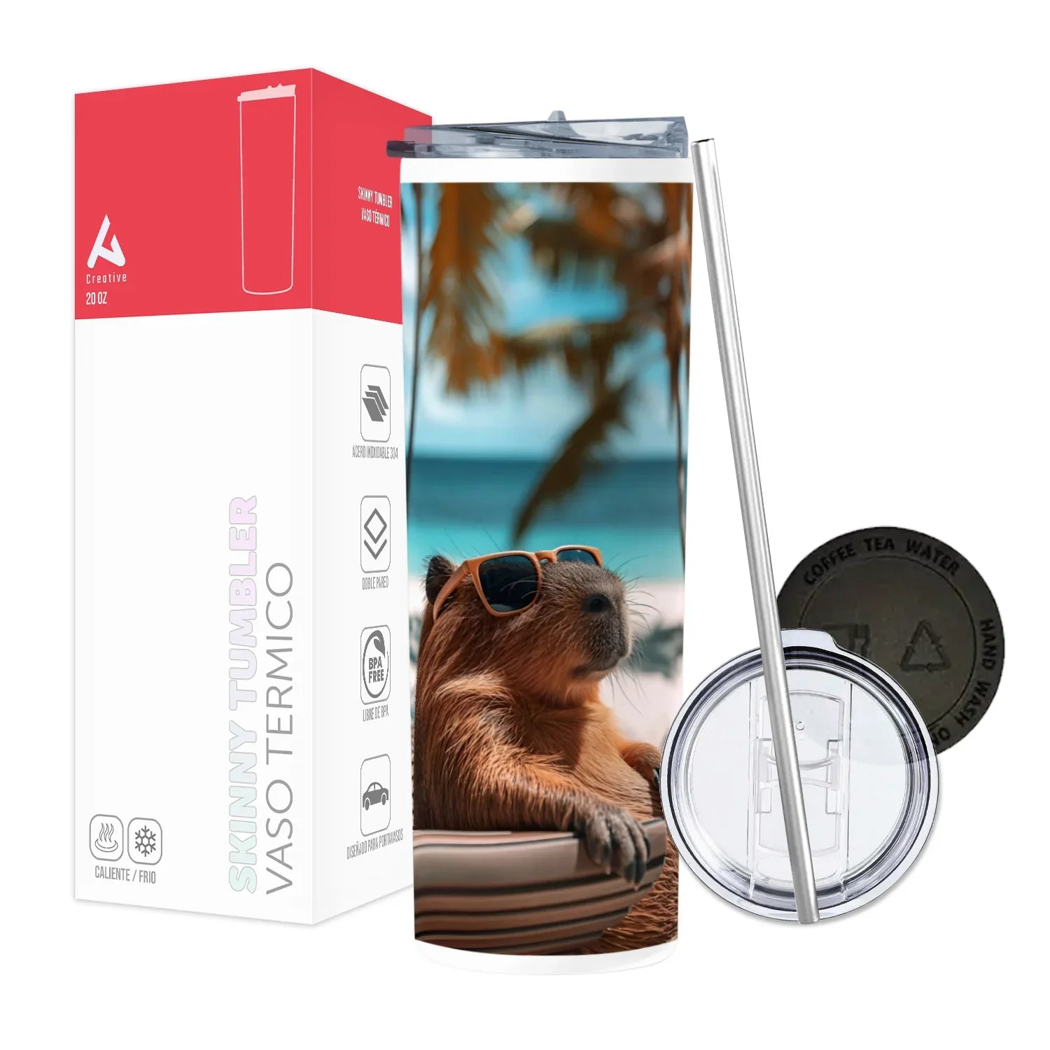 Termo Skinny Tumbler 20 oz de acero inoxidable - Capibara Vacacionando