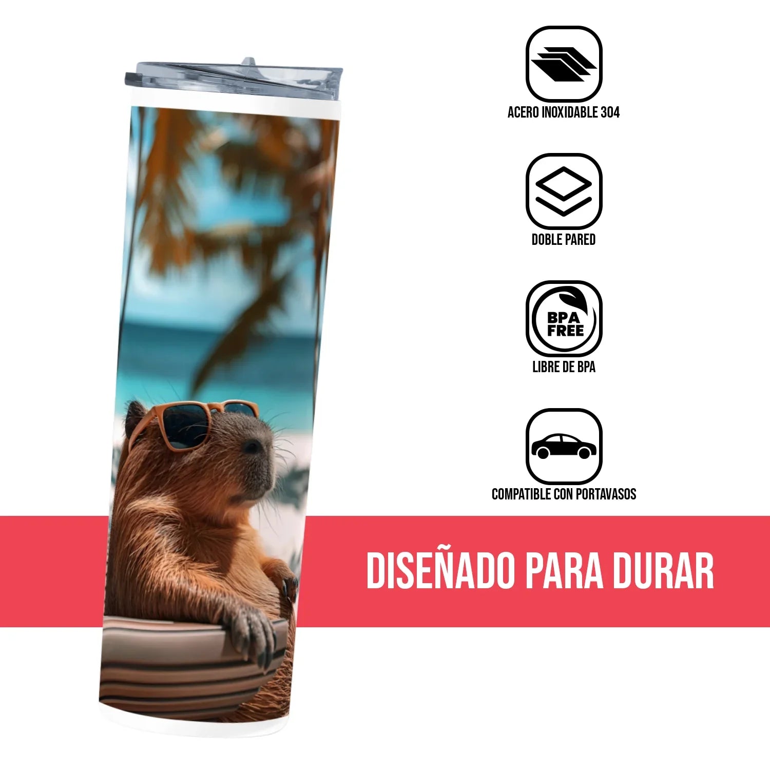 Termo Skinny Tumbler 20 oz de acero inoxidable - Capibara Vacacionando