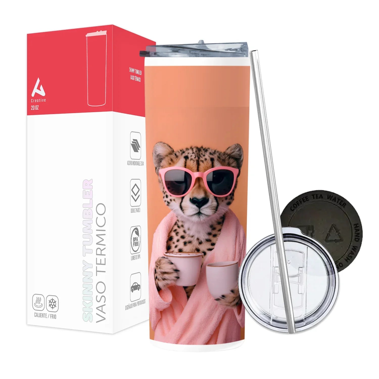 Termo Skinny Tumbler 20 oz de acero inoxidable - Cheetah toma cafe