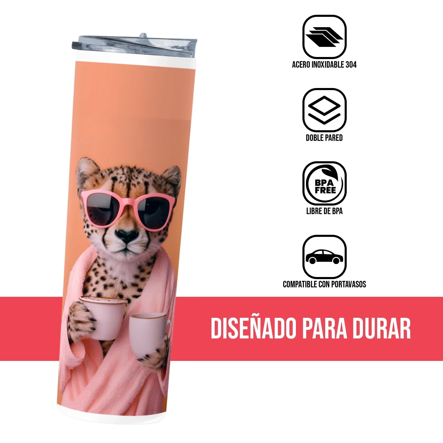 Termo Skinny Tumbler 20 oz de acero inoxidable - Cheetah toma cafe