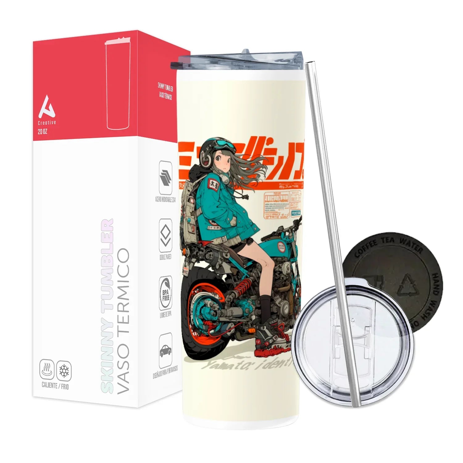 Termo Skinny Tumbler 20 oz de acero inoxidable - Chica en motocicleta