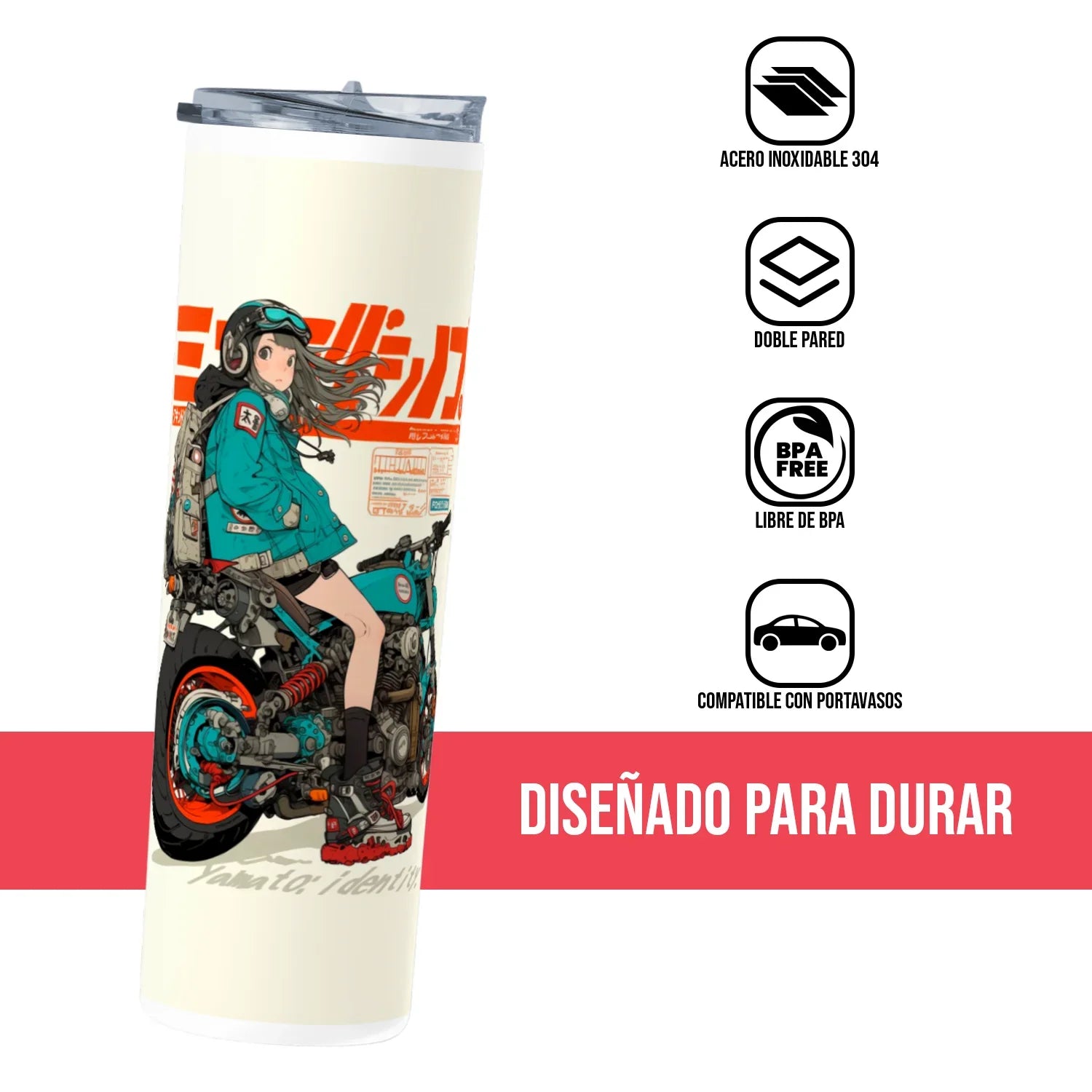 Termo Skinny Tumbler 20 oz de acero inoxidable - Chica en motocicleta