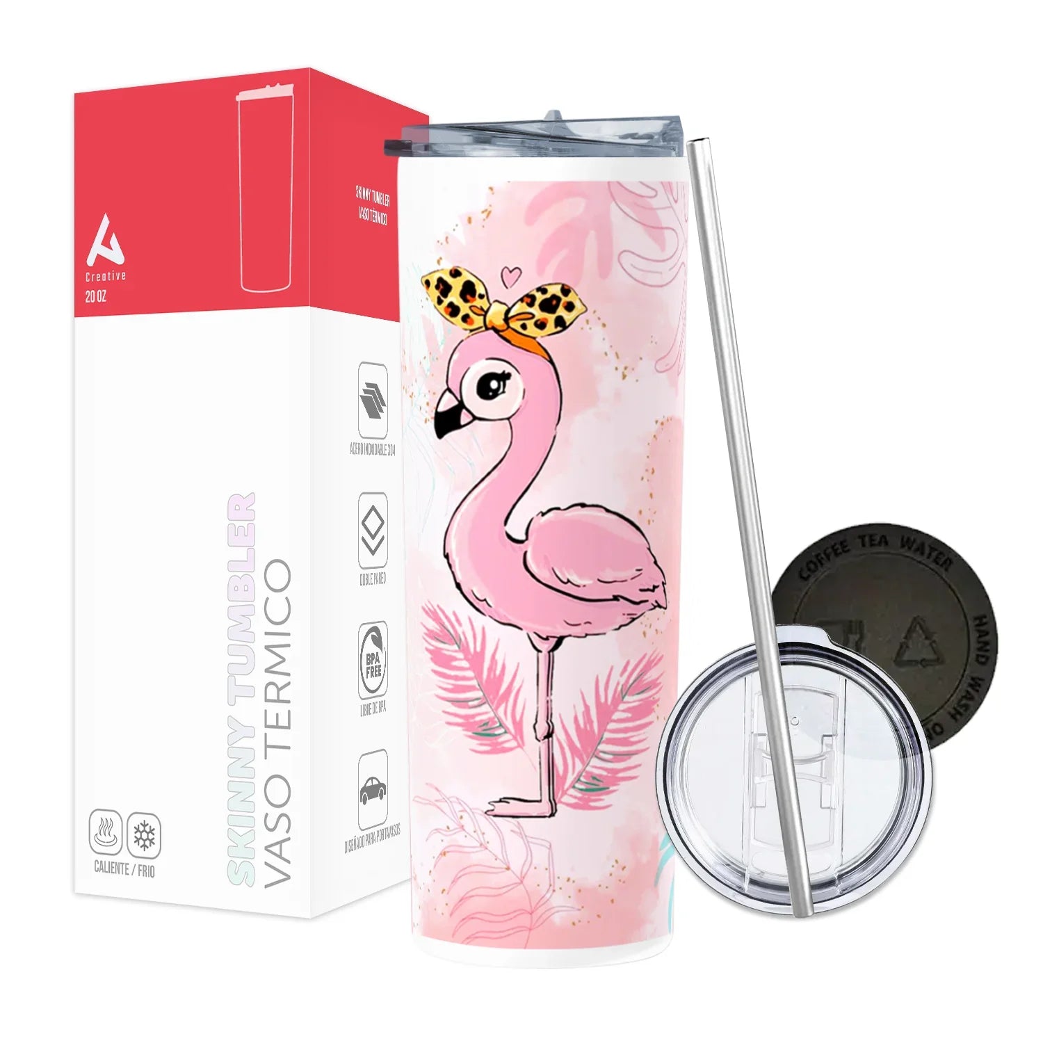 Termo Skinny Tumbler 20 oz de acero inoxidable - Flamingo moño