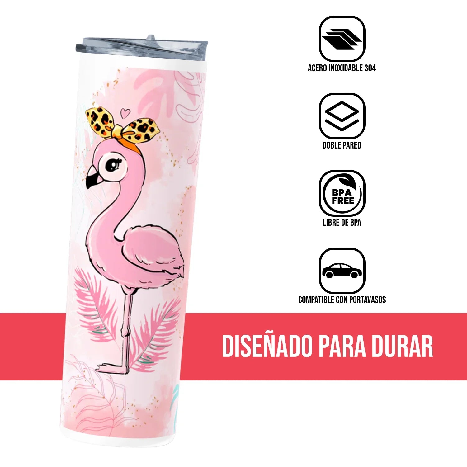 Termo Skinny Tumbler 20 oz de acero inoxidable - Flamingo moño