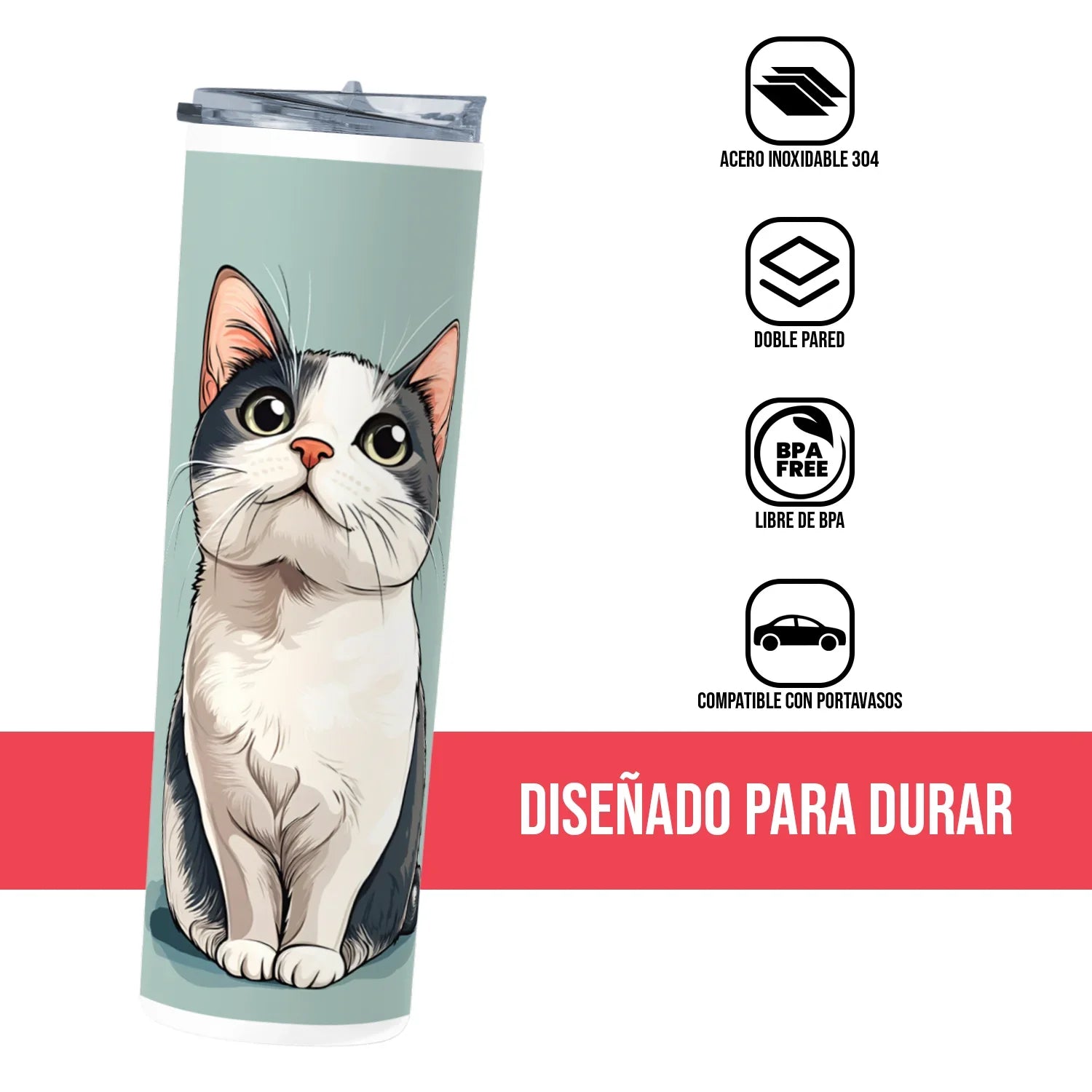 Termo Skinny Tumbler 20 oz de acero inoxidable - Gato mira arriba
