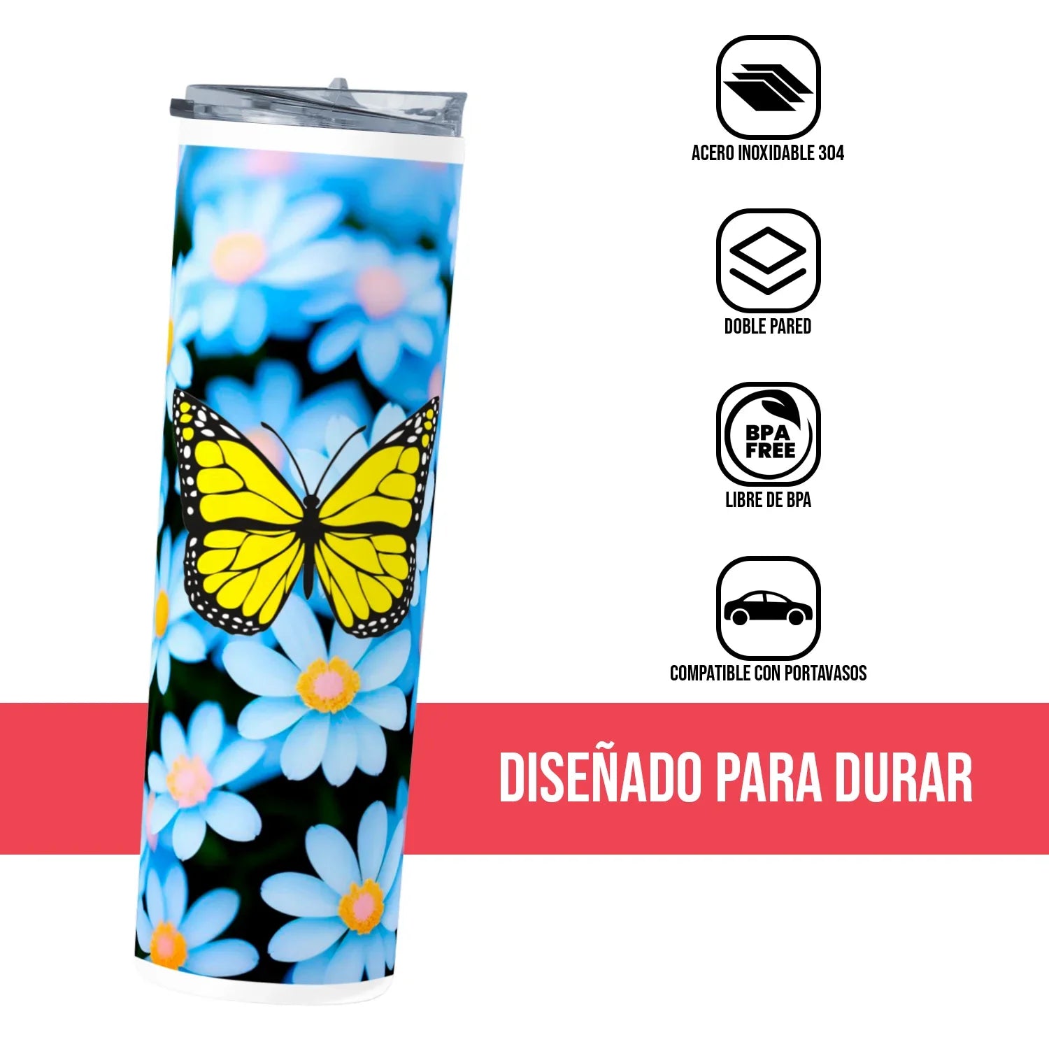 Termo Skinny Tumbler 20 oz de acero inoxidable - Mariposa Amarilla