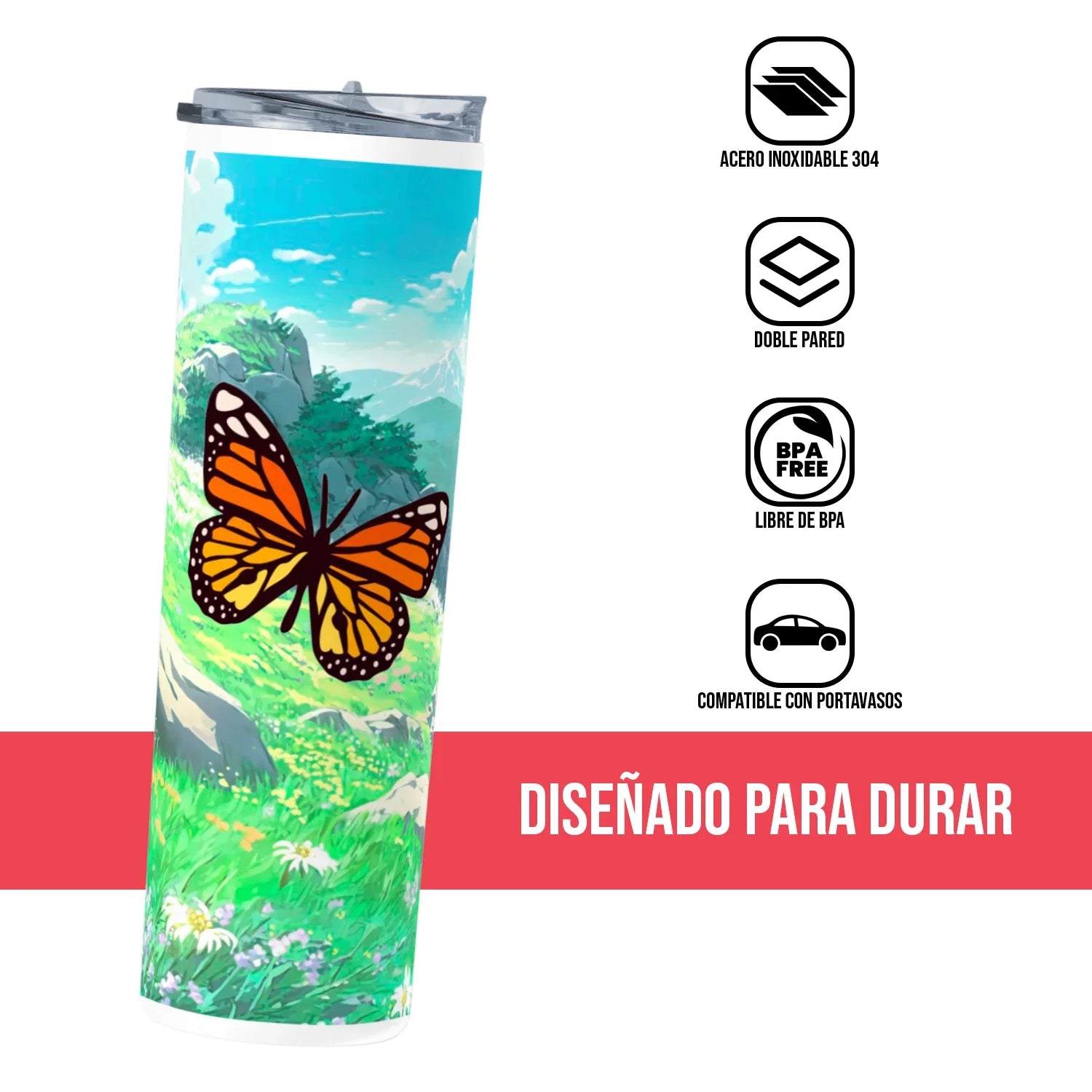 Termo Skinny Tumbler 20 oz de acero inoxidable - Mariposa Monarca