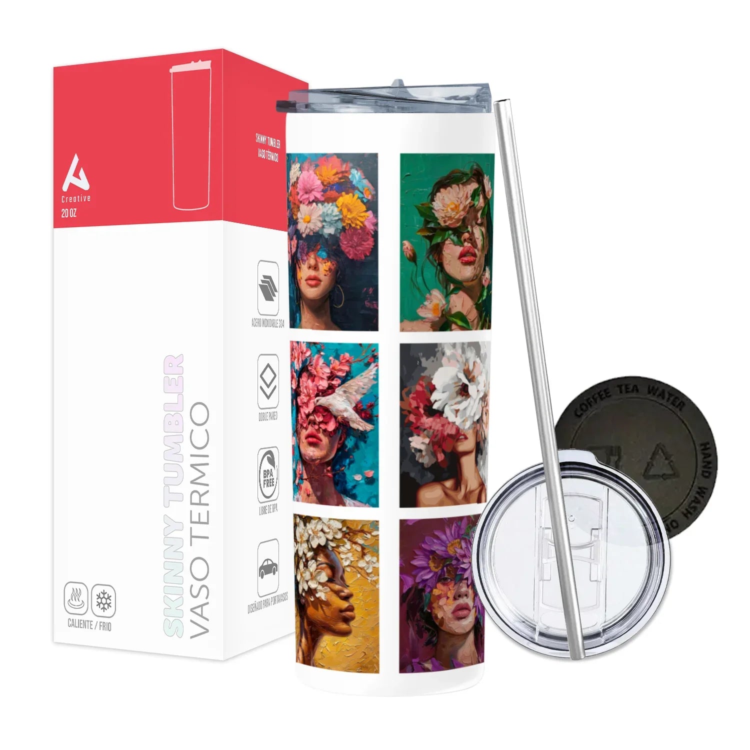Termo Skinny Tumbler 20 oz de acero inoxidable - Mujeres Pinturas y flores