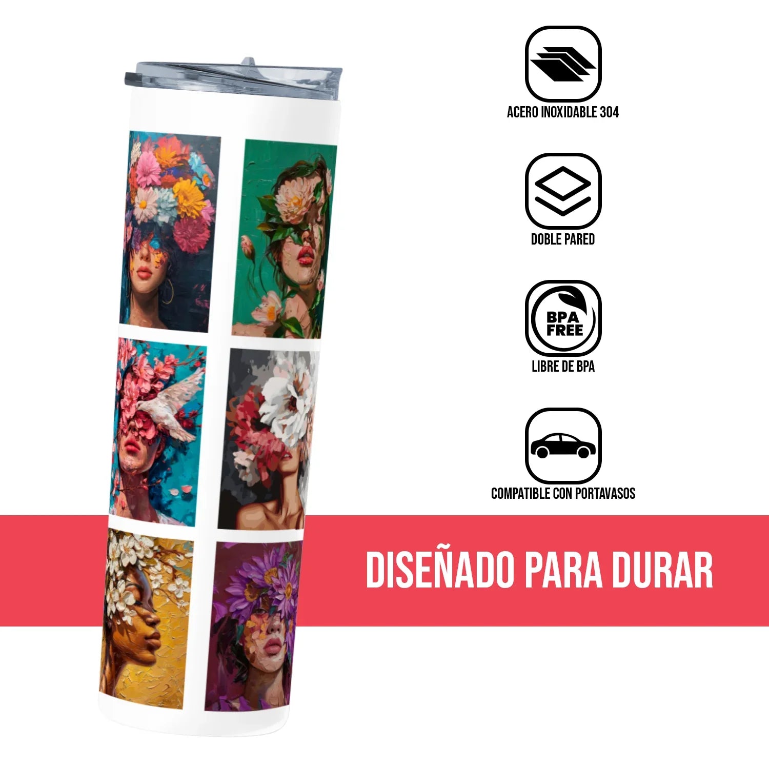 Termo Skinny Tumbler 20 oz de acero inoxidable - Mujeres Pinturas y flores