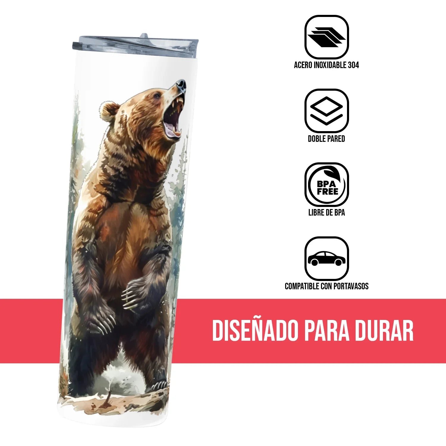 Termo Skinny Tumbler 20 oz de acero inoxidable - Oso grizzly ruge