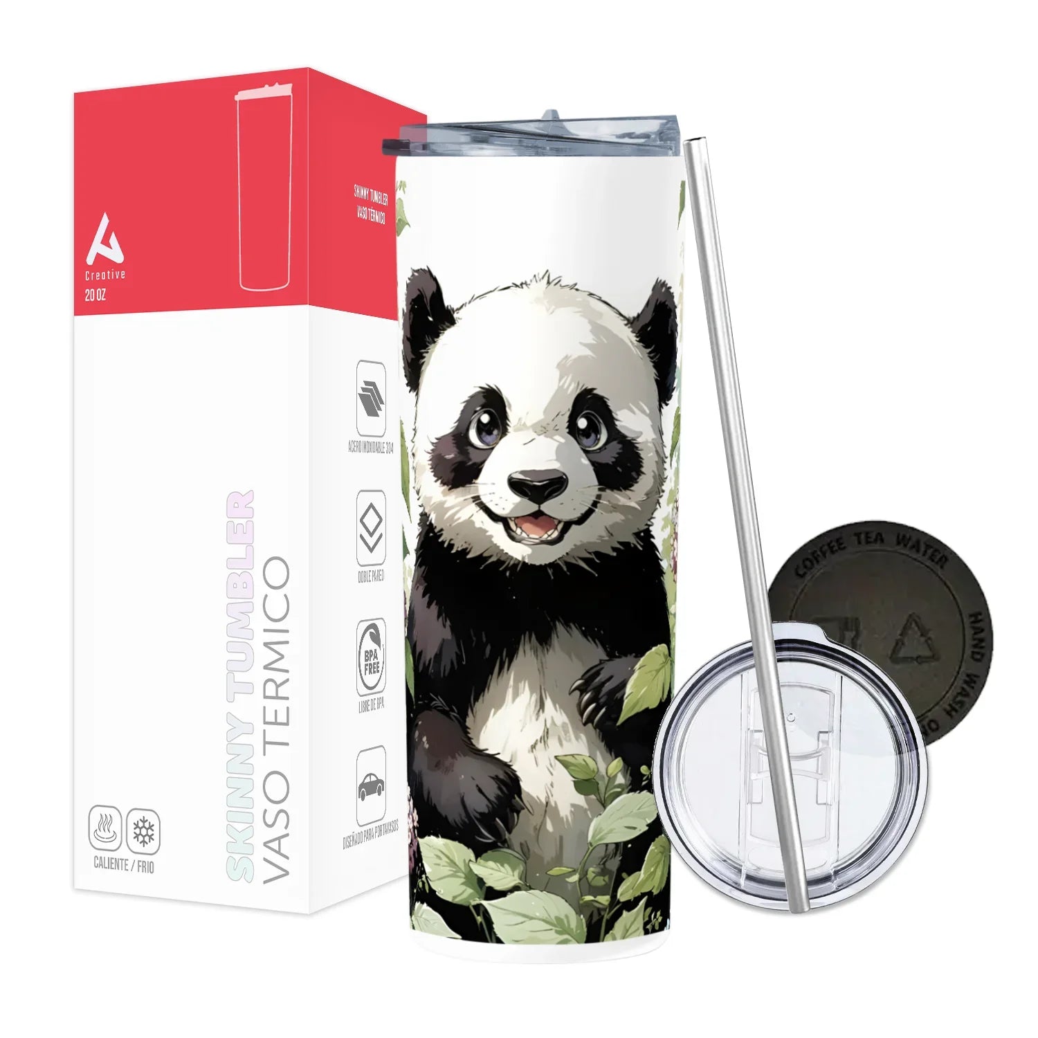 Termo Skinny Tumbler 20 oz de acero inoxidable - Oso panda