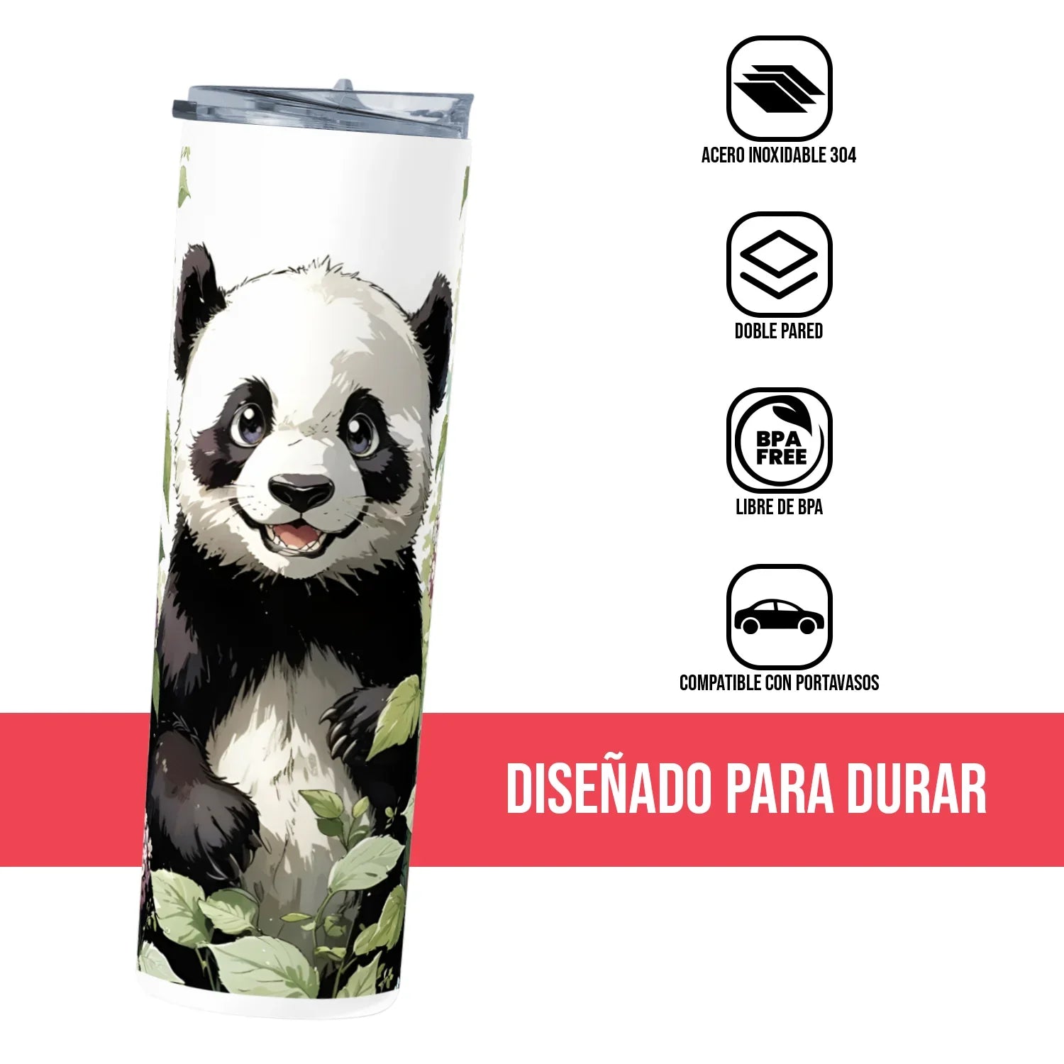 Termo Skinny Tumbler 20 oz de acero inoxidable - Oso panda