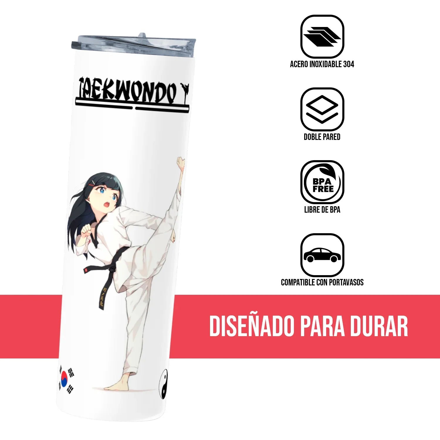 Termo Skinny Tumbler 20 oz de acero inoxidable - Taekwondo Chica Anime