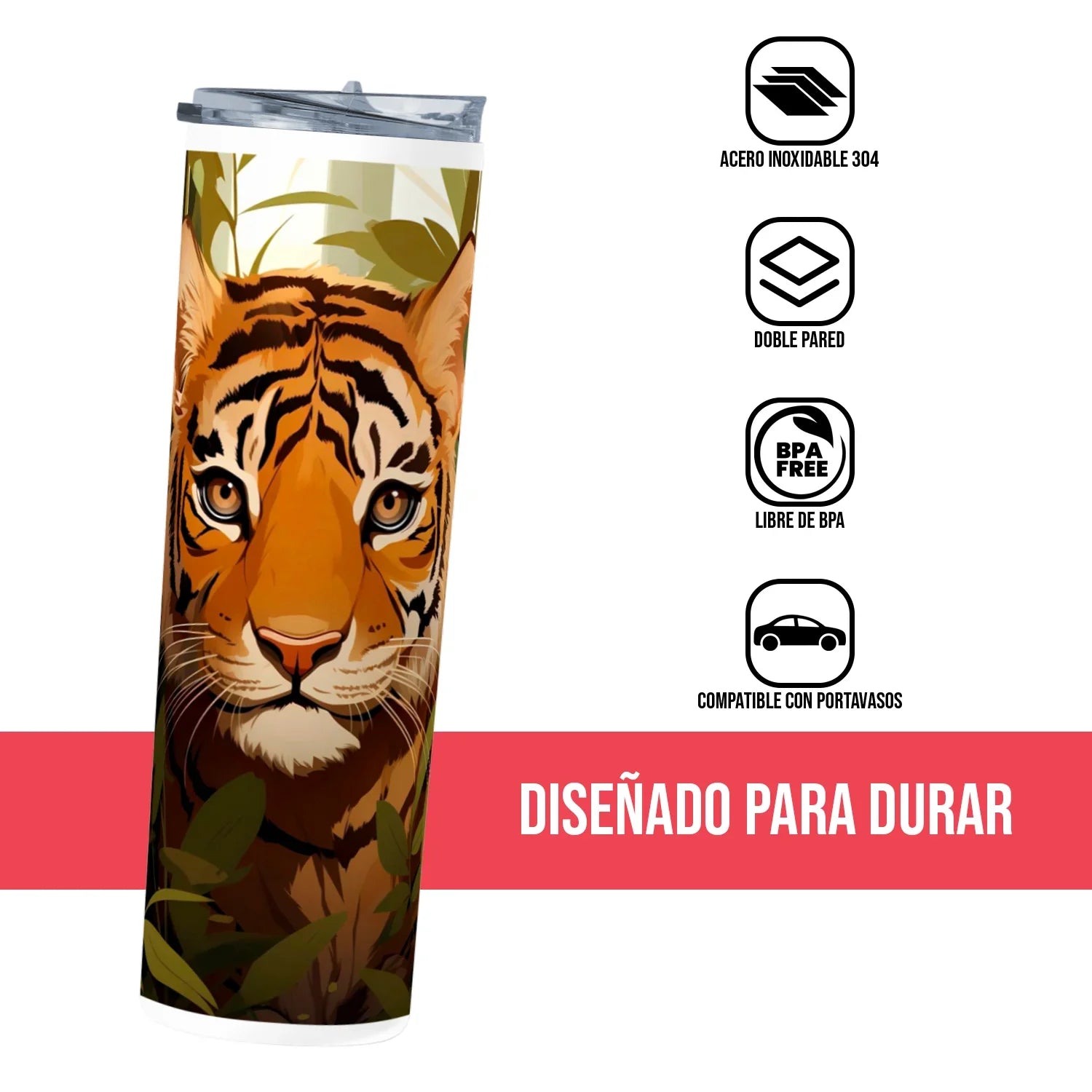 Termo Skinny Tumbler 20 oz de acero inoxidable - Tigre Bengala
