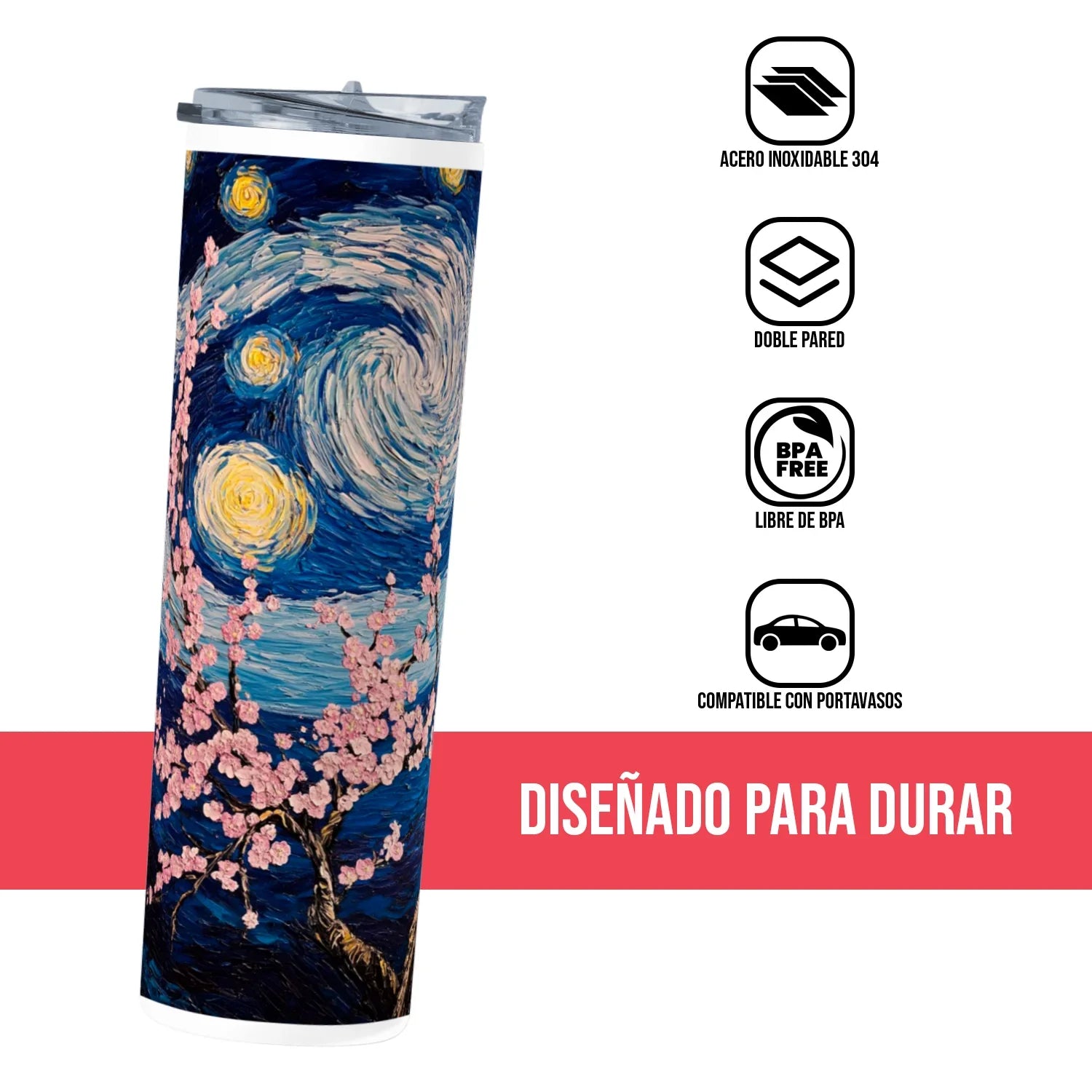 Termo Skinny Tumbler 20 oz de acero inoxidable - Van gogh y Jacarandas