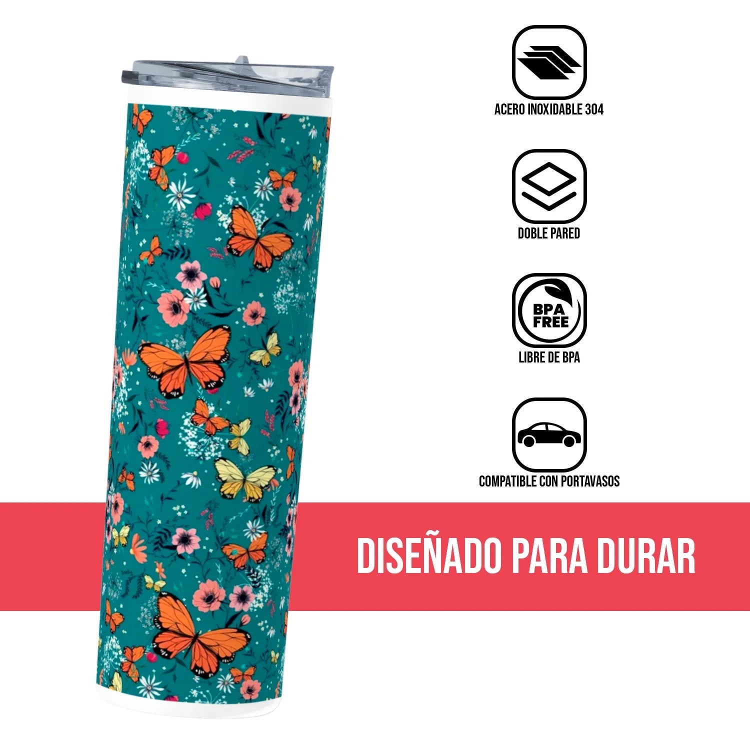 Termo Skinny Tumbler 20 oz de acero inoxidable - flores mariposas monarca