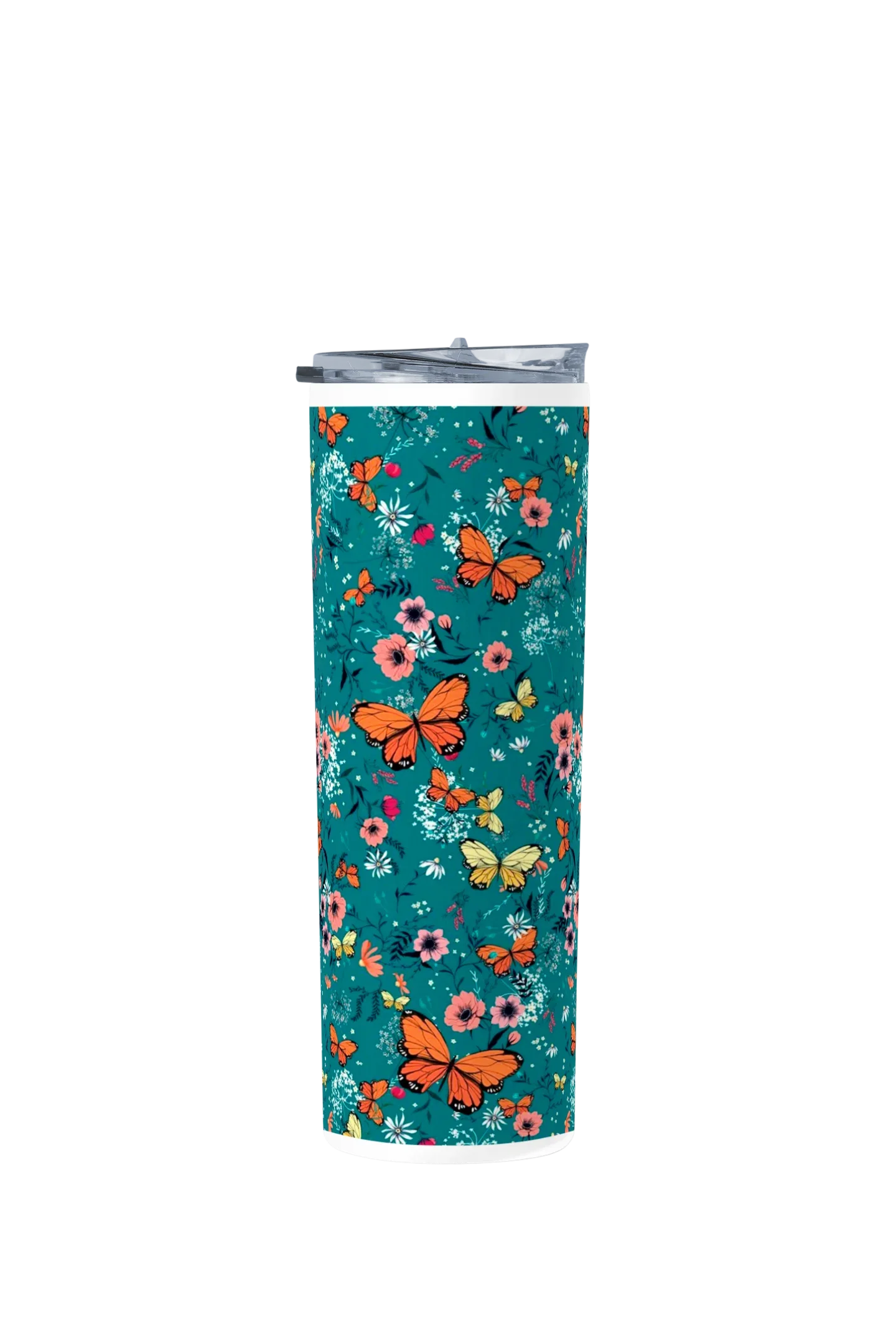 Termo Skinny Tumbler 20 oz de acero inoxidable - flores mariposas monarca